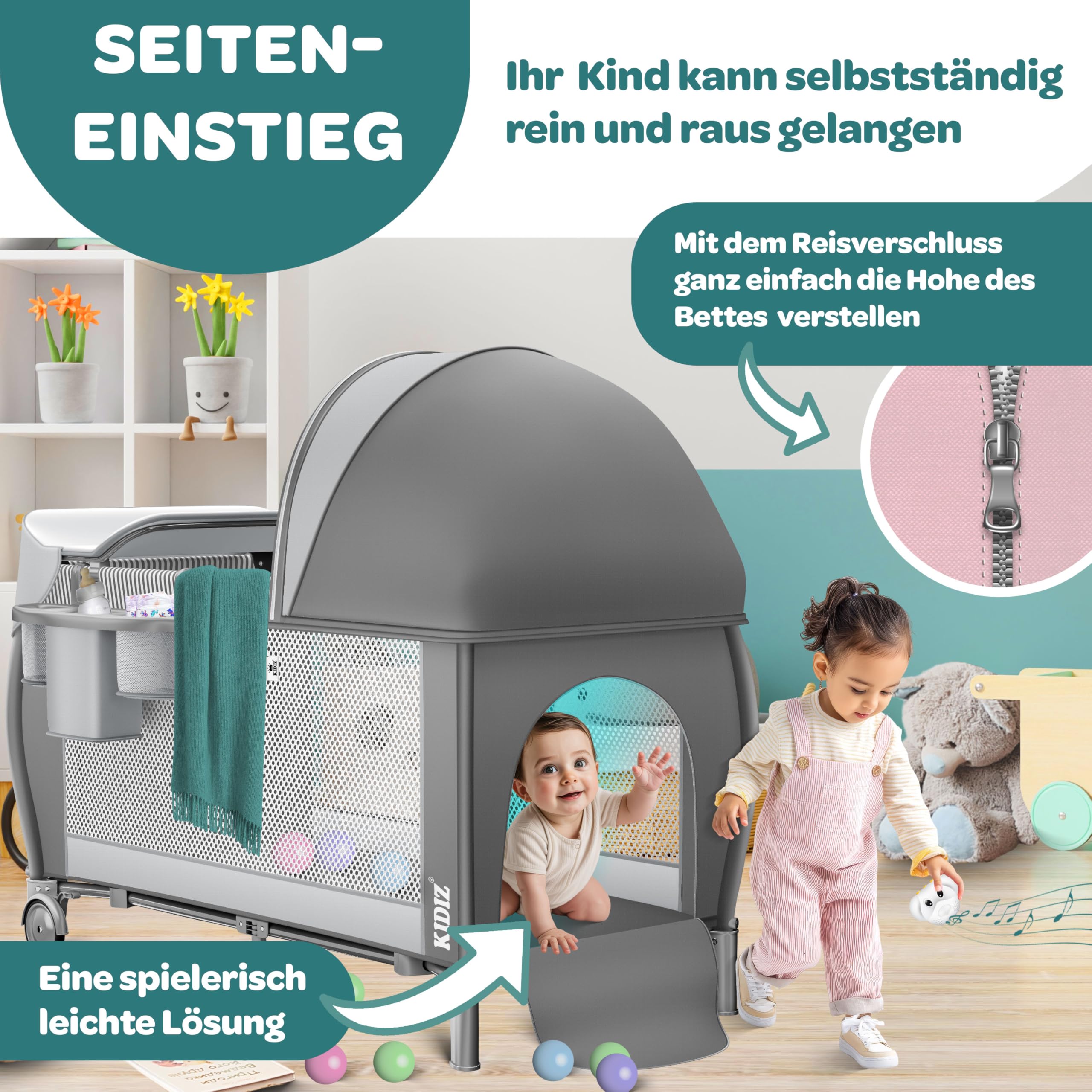 Kidiz Babybett Reisebett klappbar mit Matratze & Räder 120x60 Seiteneingang Wickelauflage Moskitonetz Tragetasche ab Geburt bis 15 kg Grau