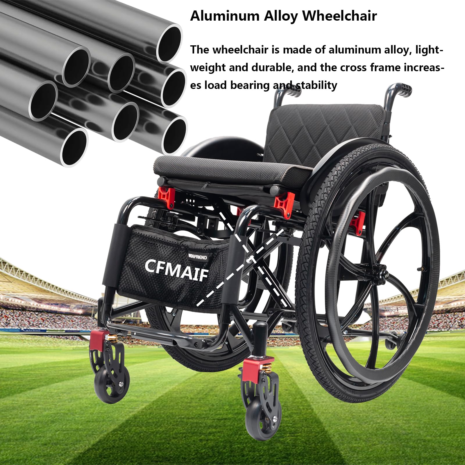 Składany lekki wózek inwalidzki z hamulcem, aluminiowy, wózek inwalidzki, dla osób niepełnosprawnych, ręczny hamulec (rozmiar: 38 cm, siedzenie, kolor: sport)