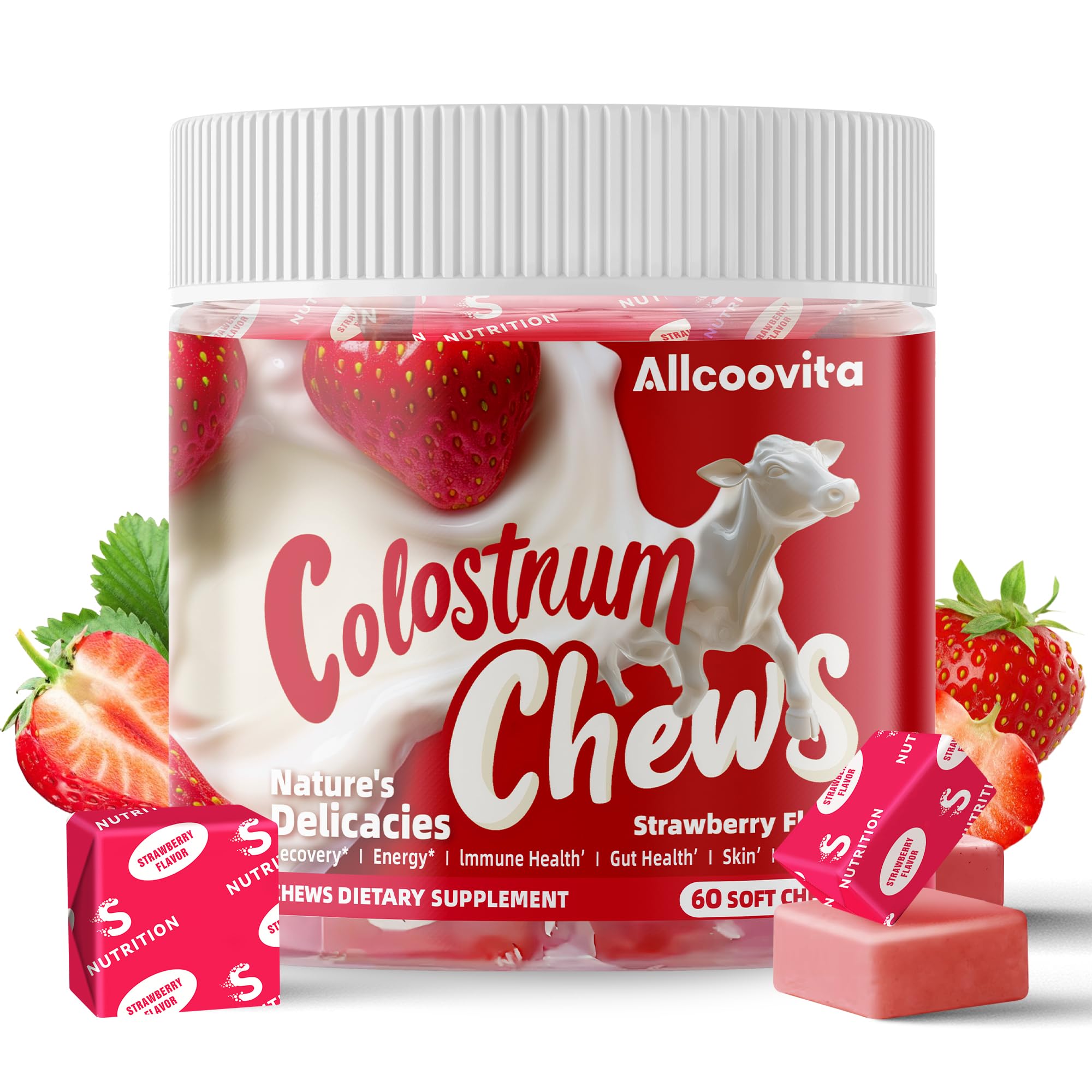 Bovine Colostrum Chews Supplement with probiotics for Gut Health, Bloating, Immune Support, Skin, Hair Growth and Beauty - Strawberry Flavor (60 Servings)