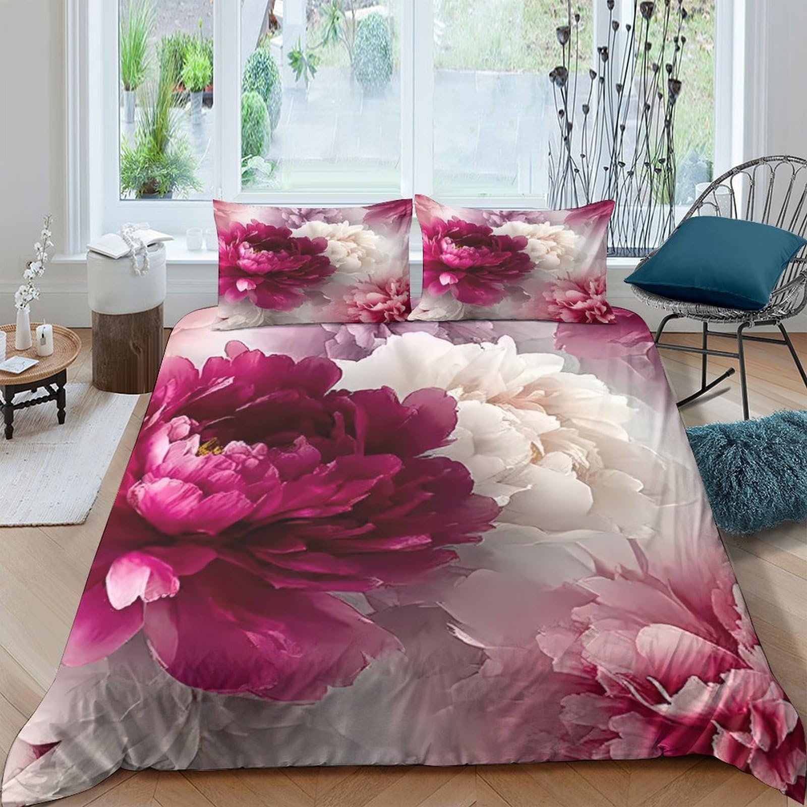 Ctjqhvkz Style-3 3D Printed Peony Blossom Fitted Sheet Microfiber Pink Floral Mattress Cover Bedroom Decor Anti-Slip Machine Washable Single（135X200cm）