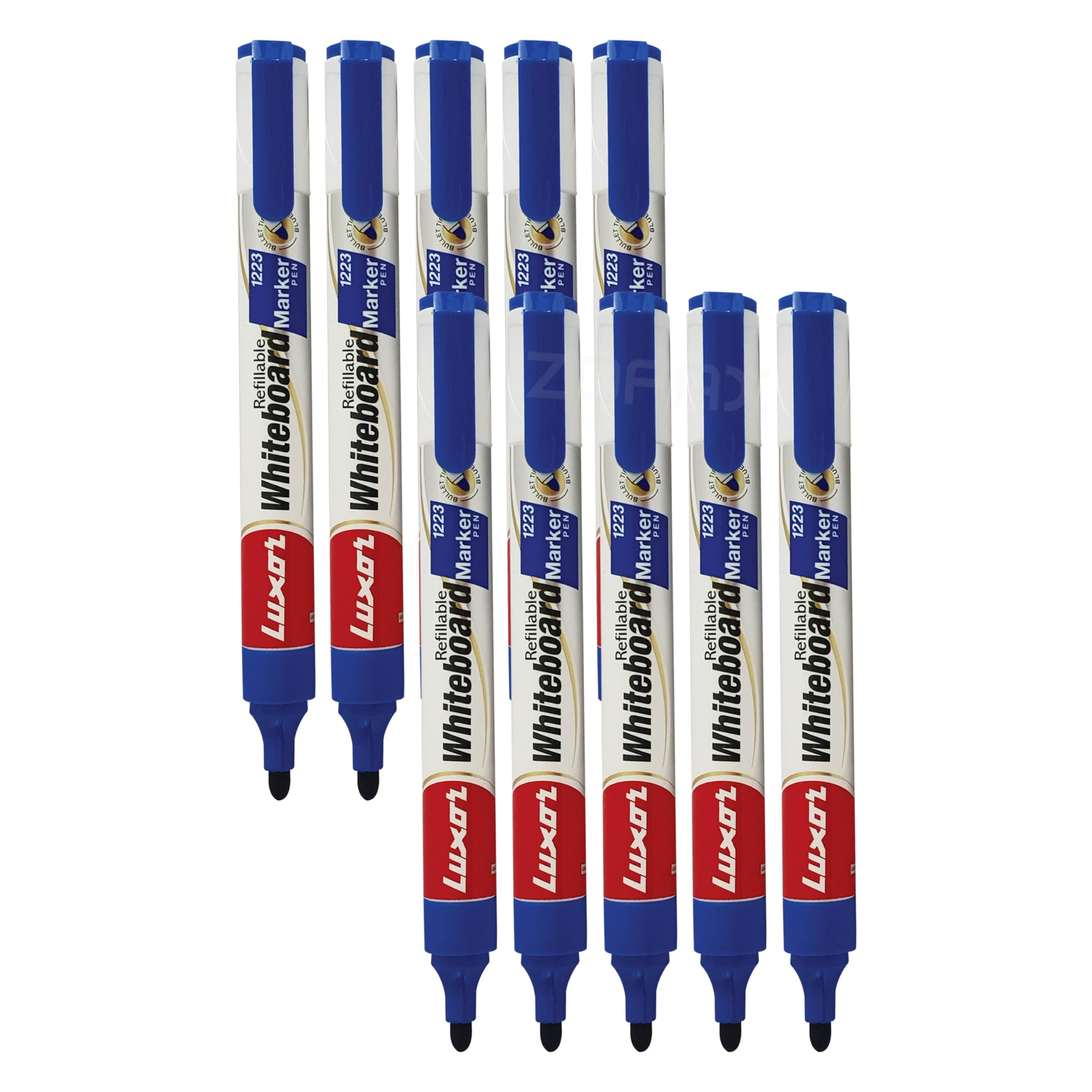 1223 Whiteboard Marker Pens, BLUE, Bold Point (2.0mm), Pack of 10, Bullet Tip, Dry Erase Easy Wipe Marker, Perfect for School Office Use, iZOFAX Black Ball Pen