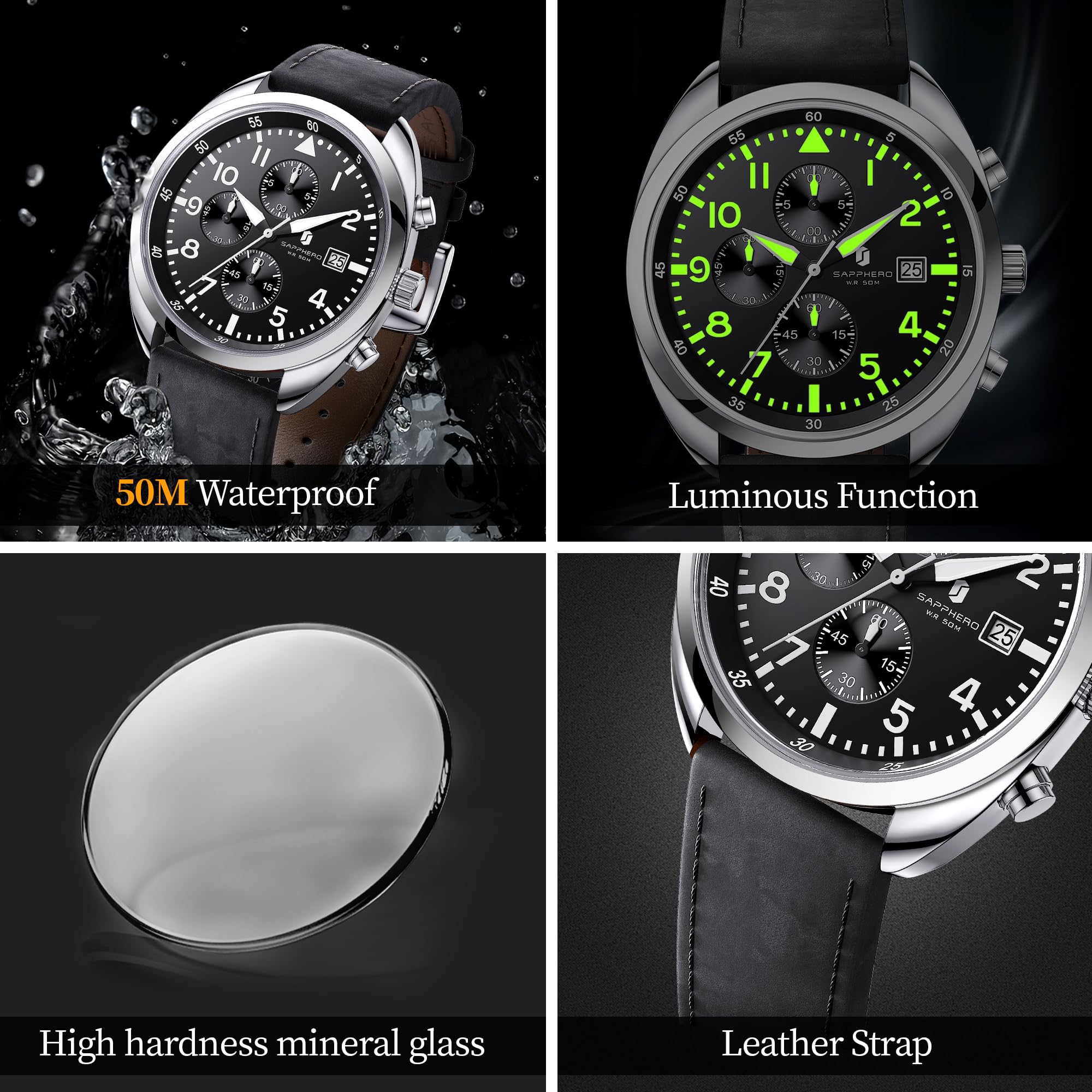 SAPPHERO Reloj para Hombre Reloj de Cuarzo analógico con Correa de Cuero, Reloj clásico de Negocios para Hombre, Esfera con números arábigos, fácil Lectura