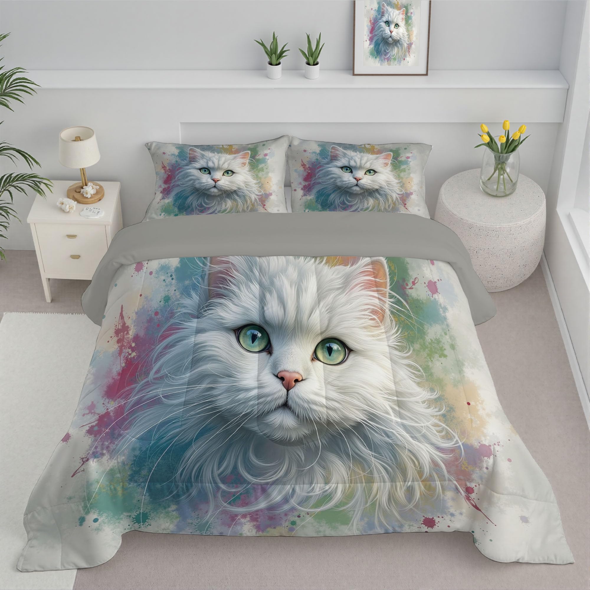 Edredón Relleno Nórdico Cama 90,Edredón de Fibra 200gr/m², 140x200cm 4 Estaciones Estampado Gato Blanco Y Esponjoso 3D Edredón Acuarela Animales De Mariposa Suave y Ligero con 1 Fundas