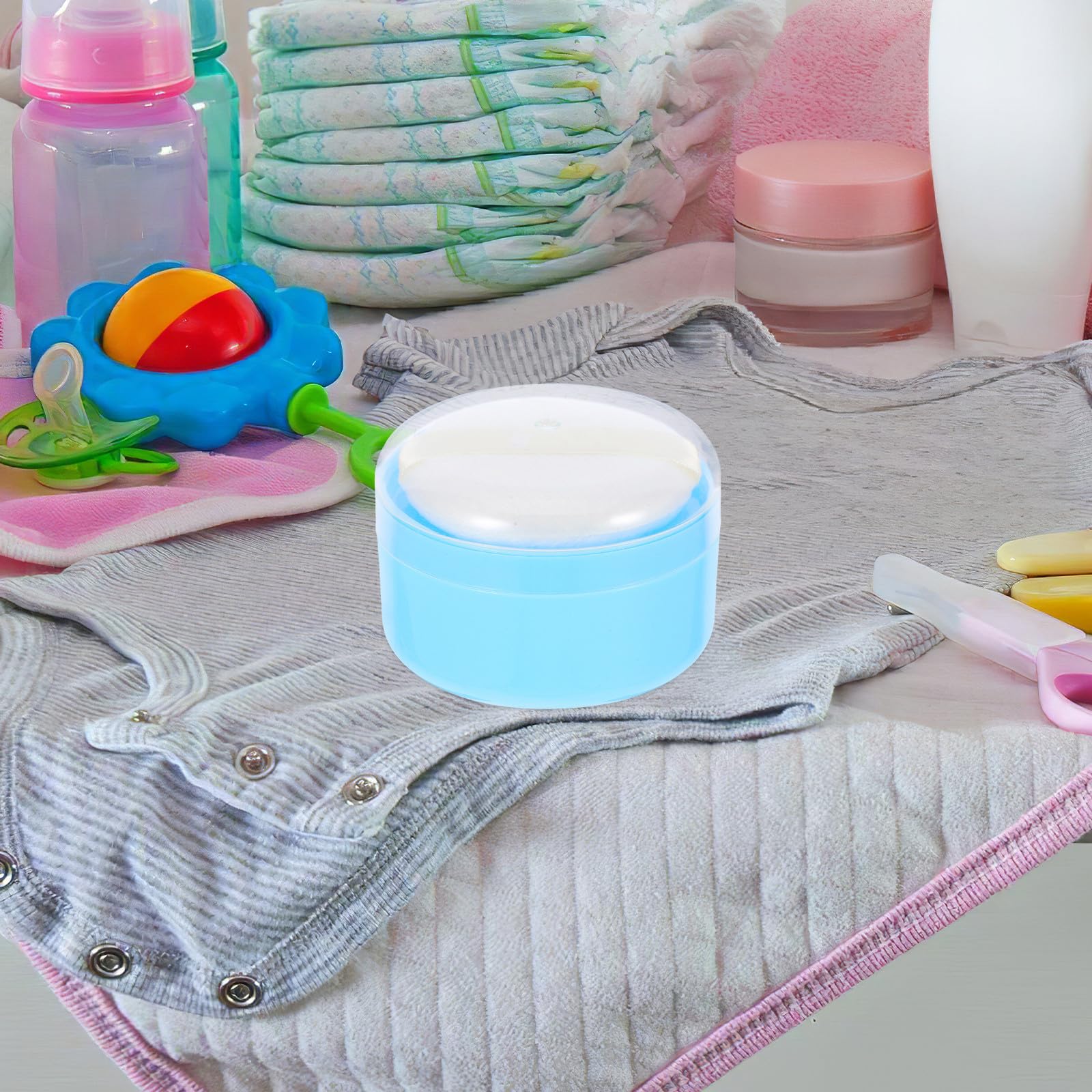 POPETPOP Tragbare Babypuderdose mit Puderquasten Etui aus Kunststoff und Baumwolle Einfache Einhandbedienung für Babykörper für Täglichen Gebrauch zu Hause