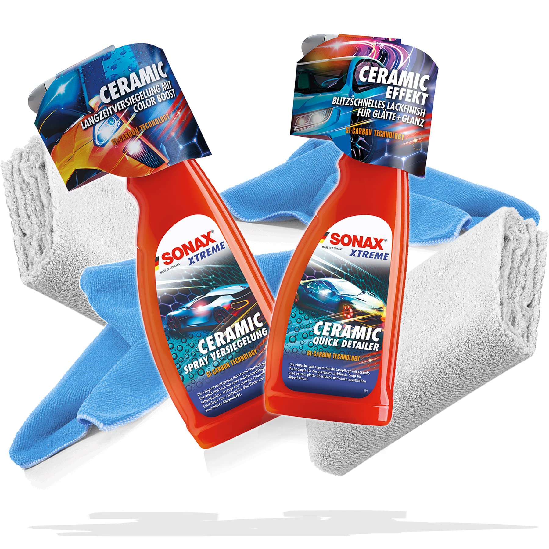 detailmate Sonax Reinigungsset Pflegeset Auto: SONAX Xtreme Ceramic SprayVersiegelung 750ml + SONAX Xtreme Ceramic QuickDetailer 750ml + 2 Mikrofasertücher 320GSM + 550GSM