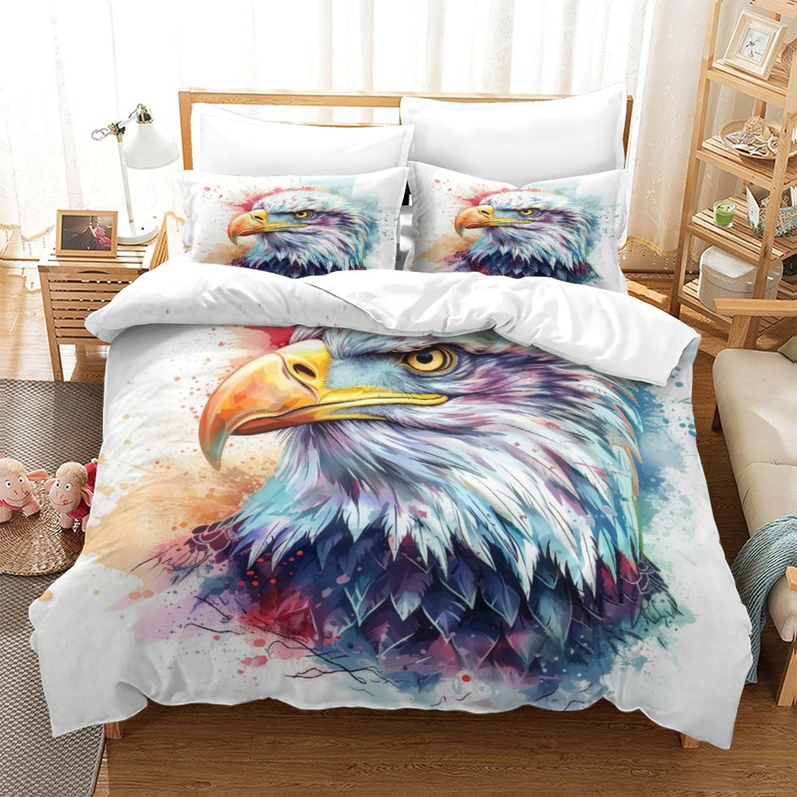 Parure de lit imprimé 3D aigle en microfibre douce et anti-transpiration pour lit Super King