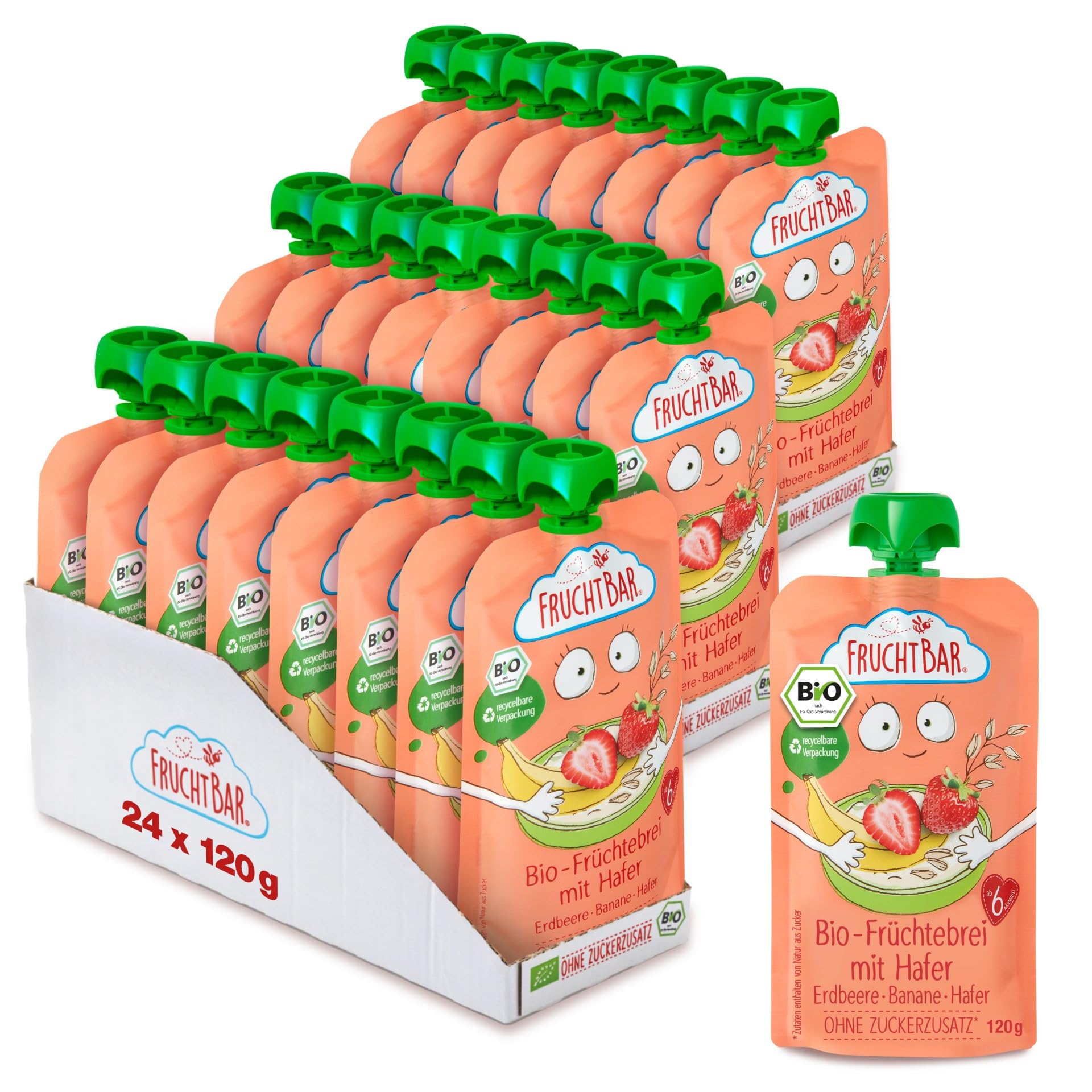 FruchtBar-Bio Quetschie, Vorratspack, Fruchtpüree für Babys ab 6 Monaten & Kinder (24 Stück, Bio Früchtebrei Erdbeere-Banane-Hafer)