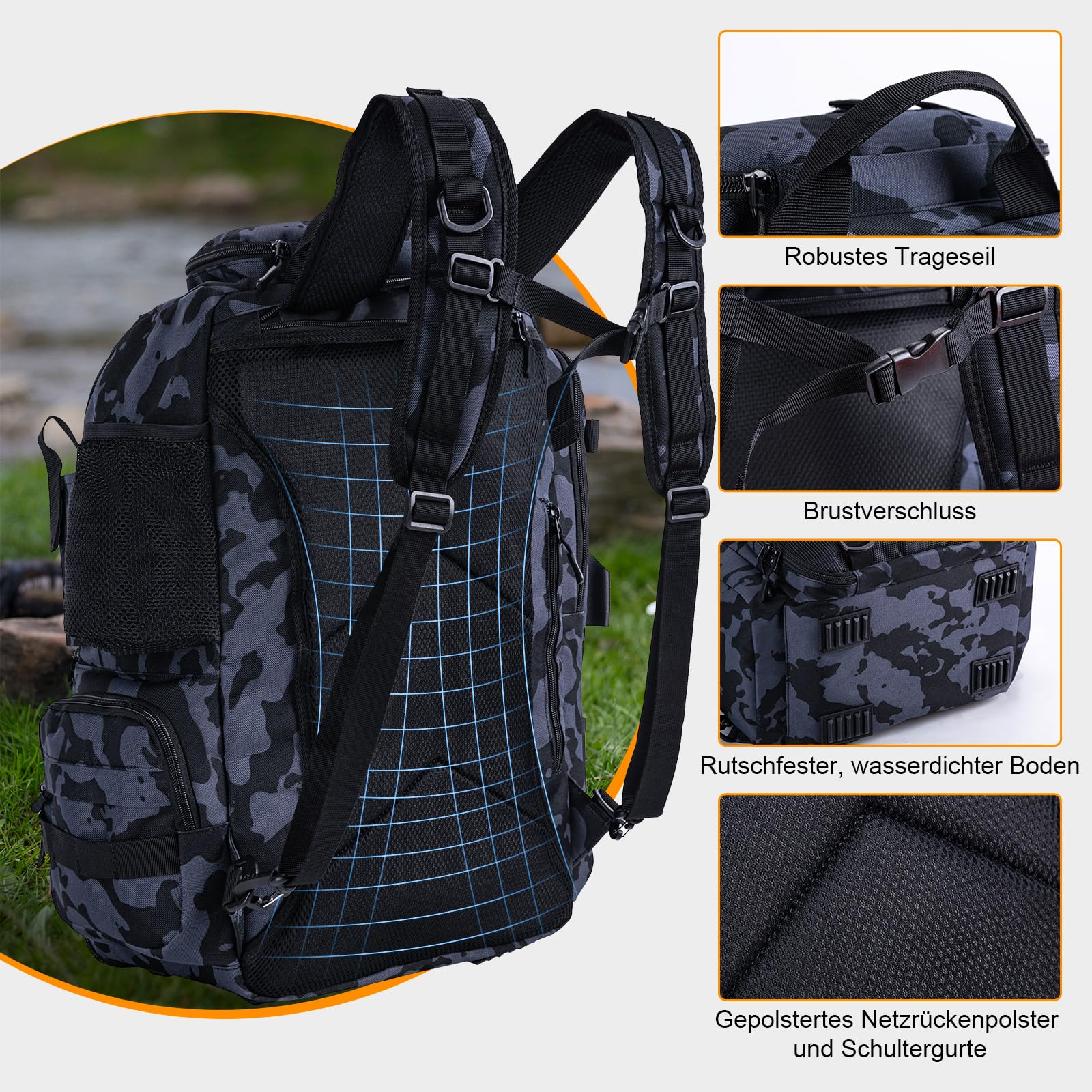 Goture Angelrucksack mit Kühltasche, 40-Liter Angelzubehör-Rucksack mit Zwei Rutenhaltern, 900D Oxford-Gewebe Wasserabweisende Angelgerätetasche mit verstellbarem Fach