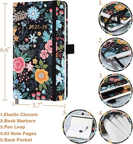 Miniatura 6 de Agenda de bolsillo 2026-2028, calendario mensual de bolsillo con soporte para bolígrafo, enero 2026 a diciembre 2028, bolsillos interiores y 63