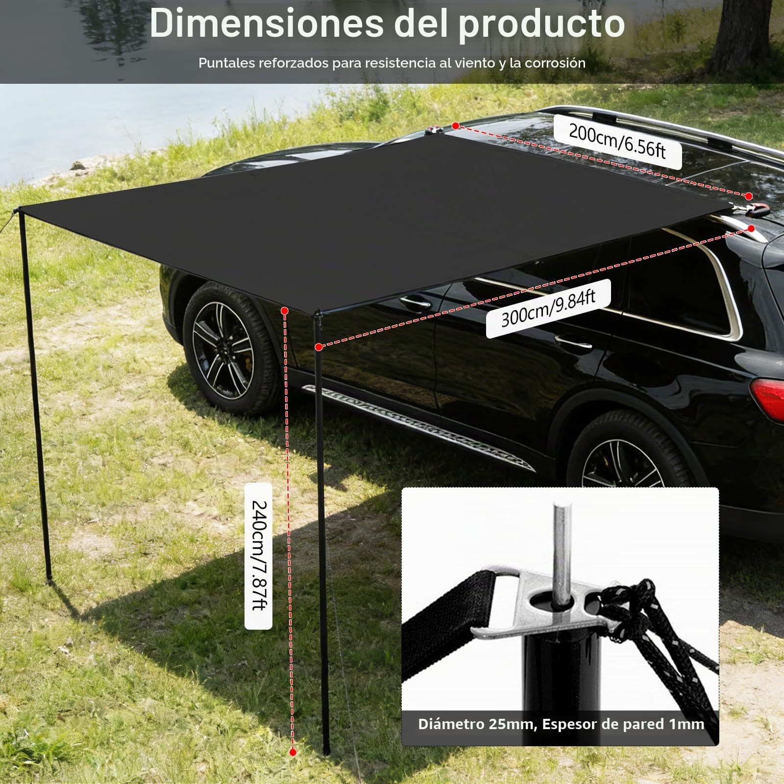 Kit de Toldos para Coche 200x300cm, con 2 Postes, 8 Cuerdas de Amarre, 8 Estacas, 2 Ventosas, Bolsa de Almacenaje y Saco de Transporte, UPF50+, PU3000+ Impermeable, para Aventuras Off-Road (Negro)