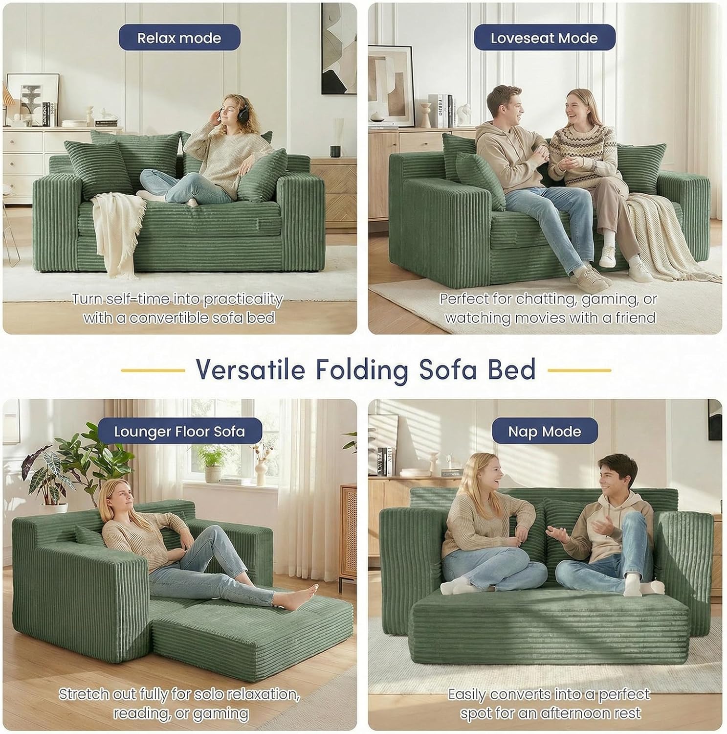 cidludto Convertible Sofa Bed, Boneless Couch 2 in 1 Loveseat Folding Couch Bed Foldable, Chair Bed & Futon Sleeper Sofa Bed, Small Corduroy Pull Out Sofa with 4 Pillows for Living Room, Green