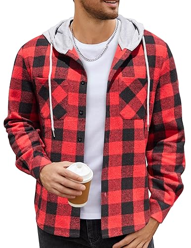 COOFANDY Men's Flannel Hoodie Plaid Shirt Long Sleeve Button Down