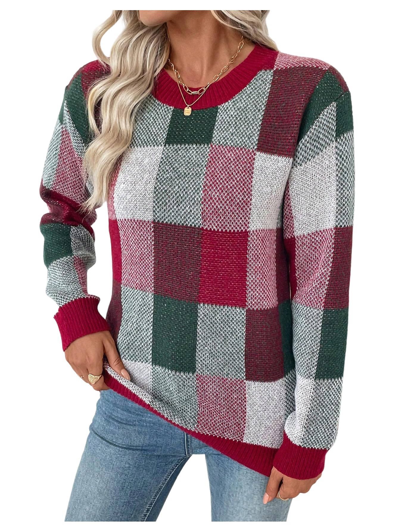 GORGLITTER Women's Argyle Checkered Fall Sweaters 2026 Plaid Pullovers Tops
