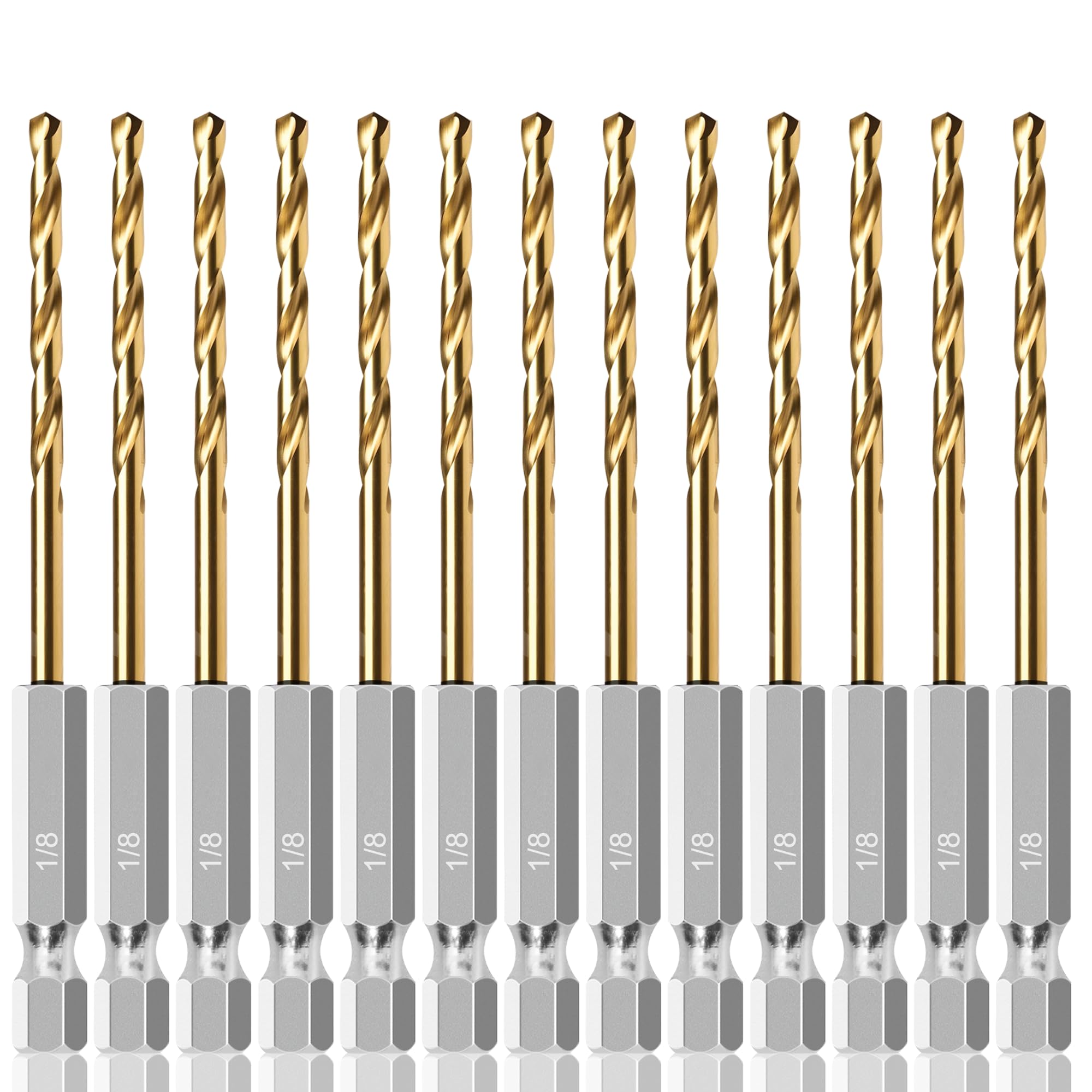 ROGAPER 13 Pcs 1/8" Titanium Coated Twist Hex Shank Drill Bit Set, 135 Degree Tip HSS Impact Drill Bit Set with Storage Case for Metal, Aluminum,