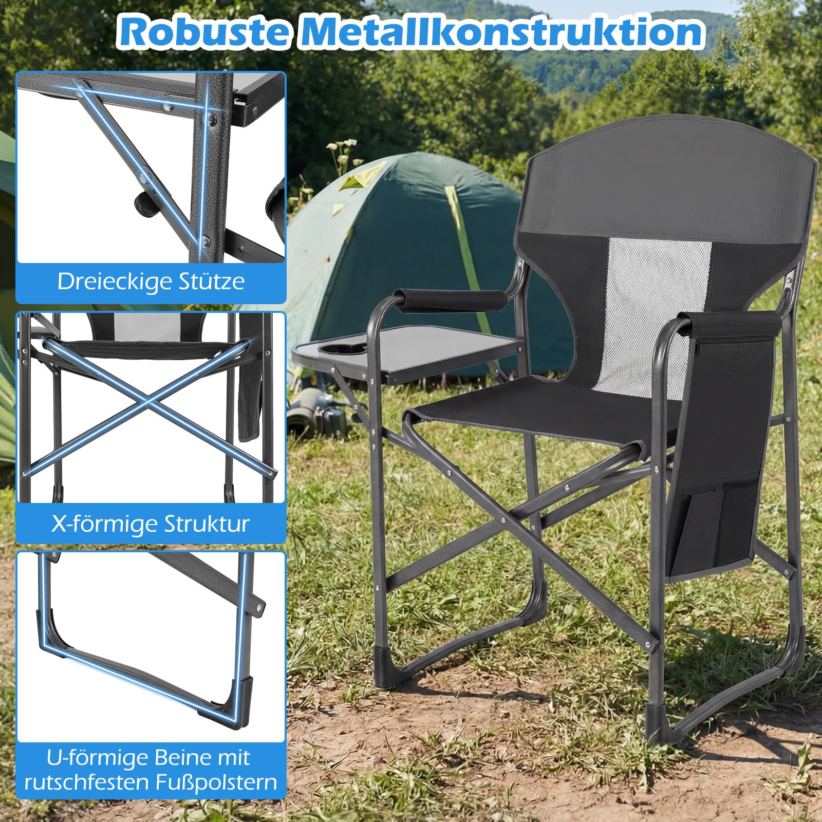 COSTWAY Regiestuhl klappbar, Campingstuhl mit Seitentisch, Seitentasche & Getränkehalter, Angelstuhl bis 180 kg belastbar, tragbarer Klappstuhl für Camping, Picknick & Festival (Schwarz + Grau)