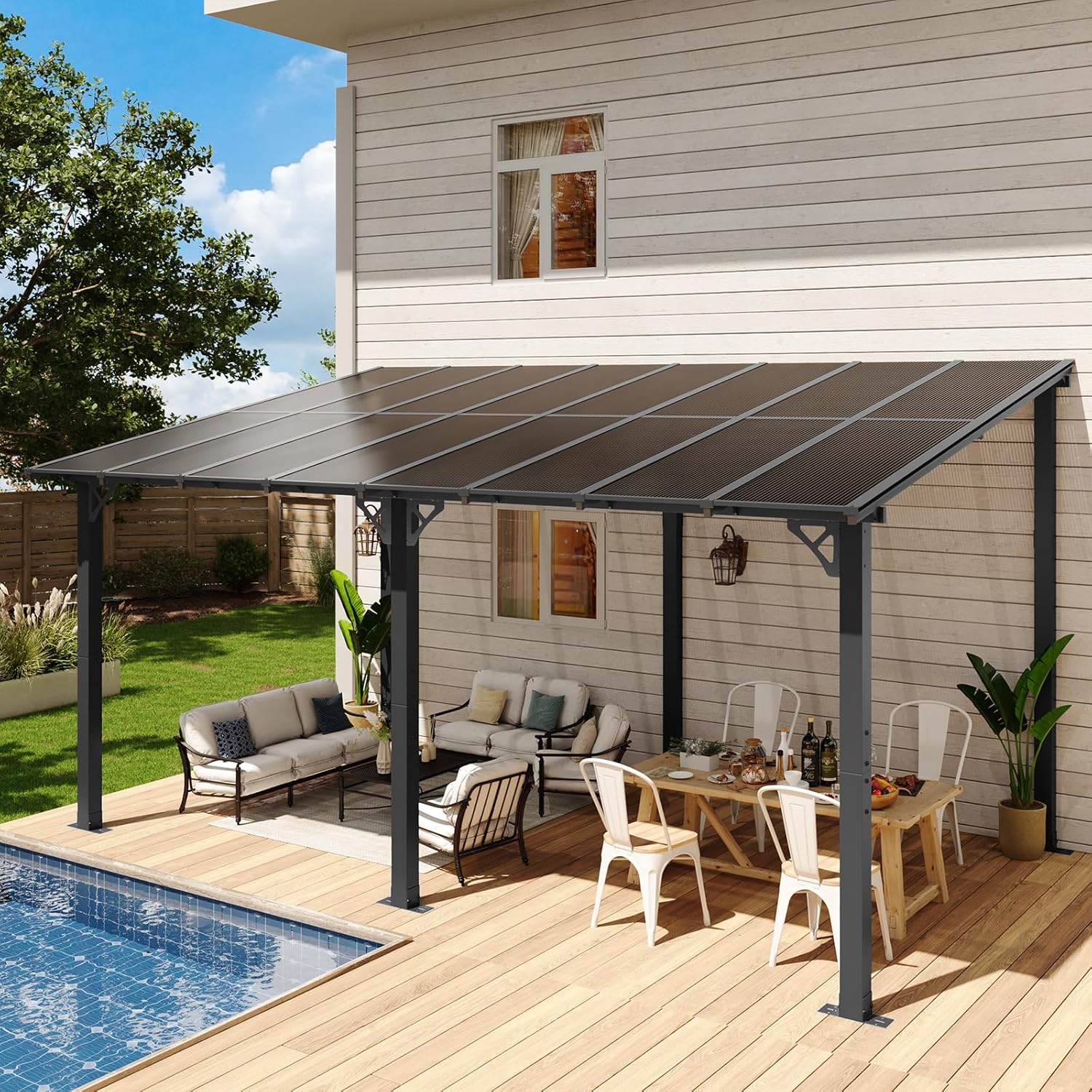 Aoxun 16x10 Patio Gazebo Pergola with Sloped Roof - Wall-Mounted Heavy Duty for Backyard Deck UV Protection