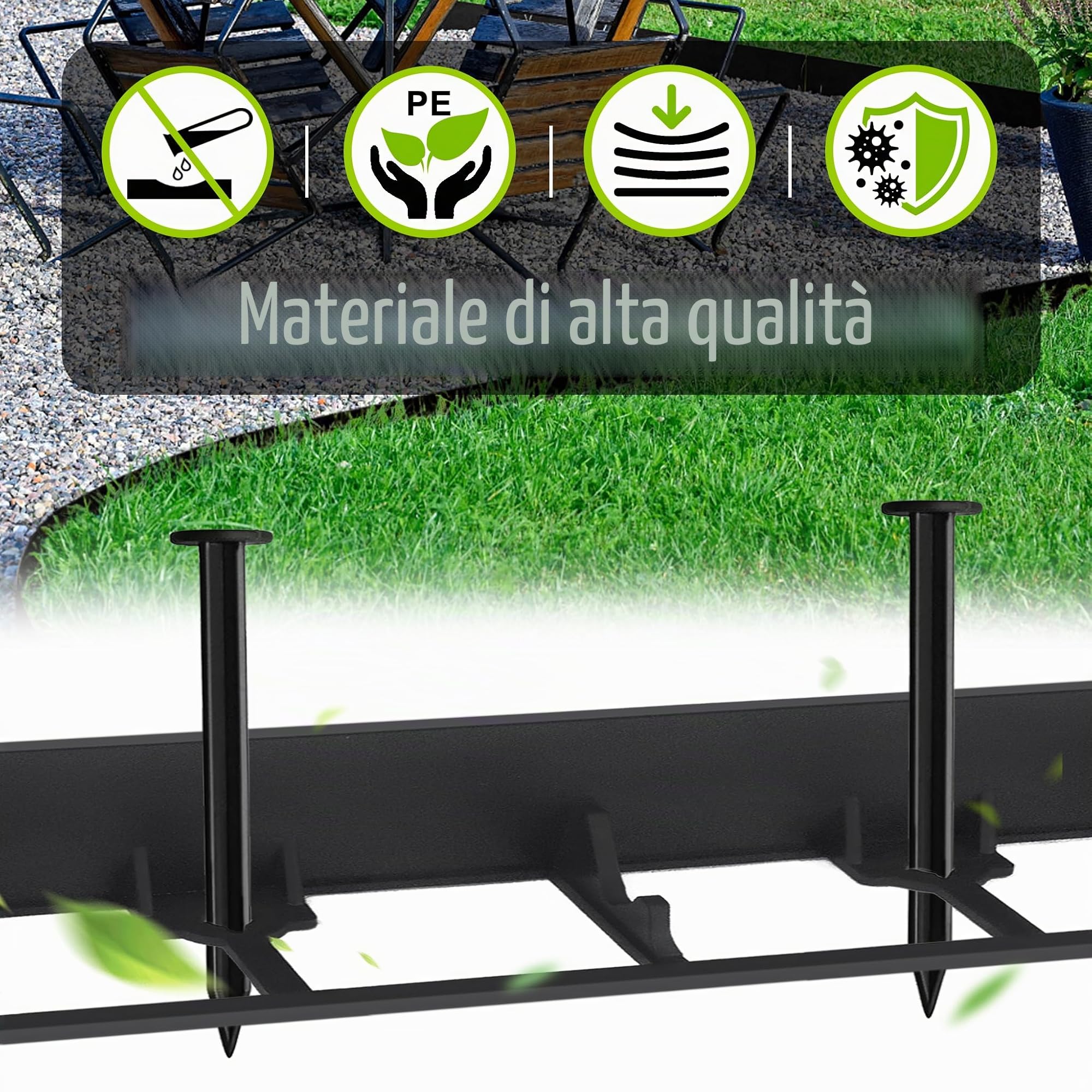 NAIZY Bordo per prato 24 m con 100 ancore, in plastica, pieghevole, bordo per aiuole, bordo alto 7,8 cm per giardino, prato, decorativo, nero (24 pezzi/24 m)