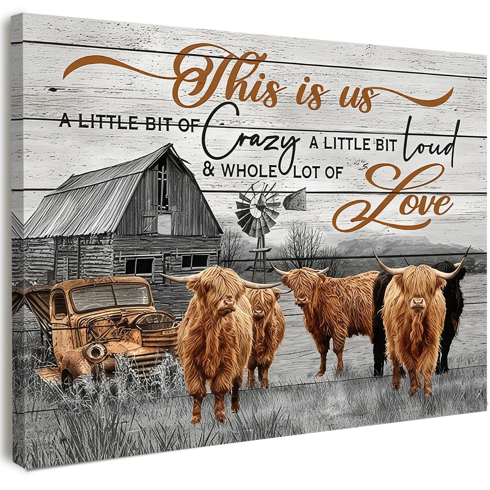 Canvas Wall Art Framed – Highland Cow Farmhouse Artwork with Quote, Rustic Country Barn Wall Decor for Living Room, Bedroom, Hallway or Entryway Home Decoration, with Hooks and Nails, 12x16 Inch