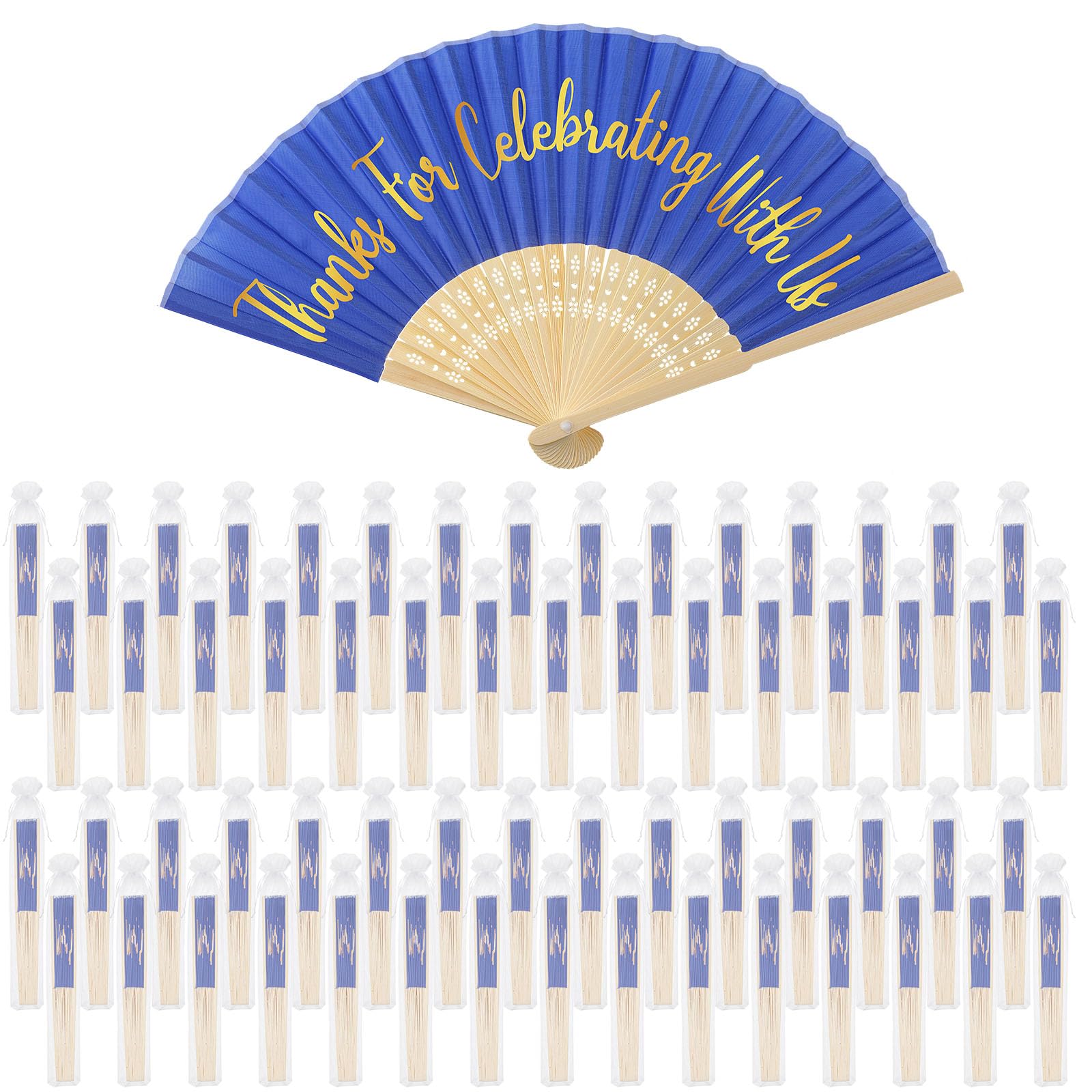Tatuo 100 Pcs Wedding Party Favors Silk Foldable Hand Fans with Organza Bag Bridesmaid Gift Thanks for Celebrating with Us Hand Fan for Wedding Party