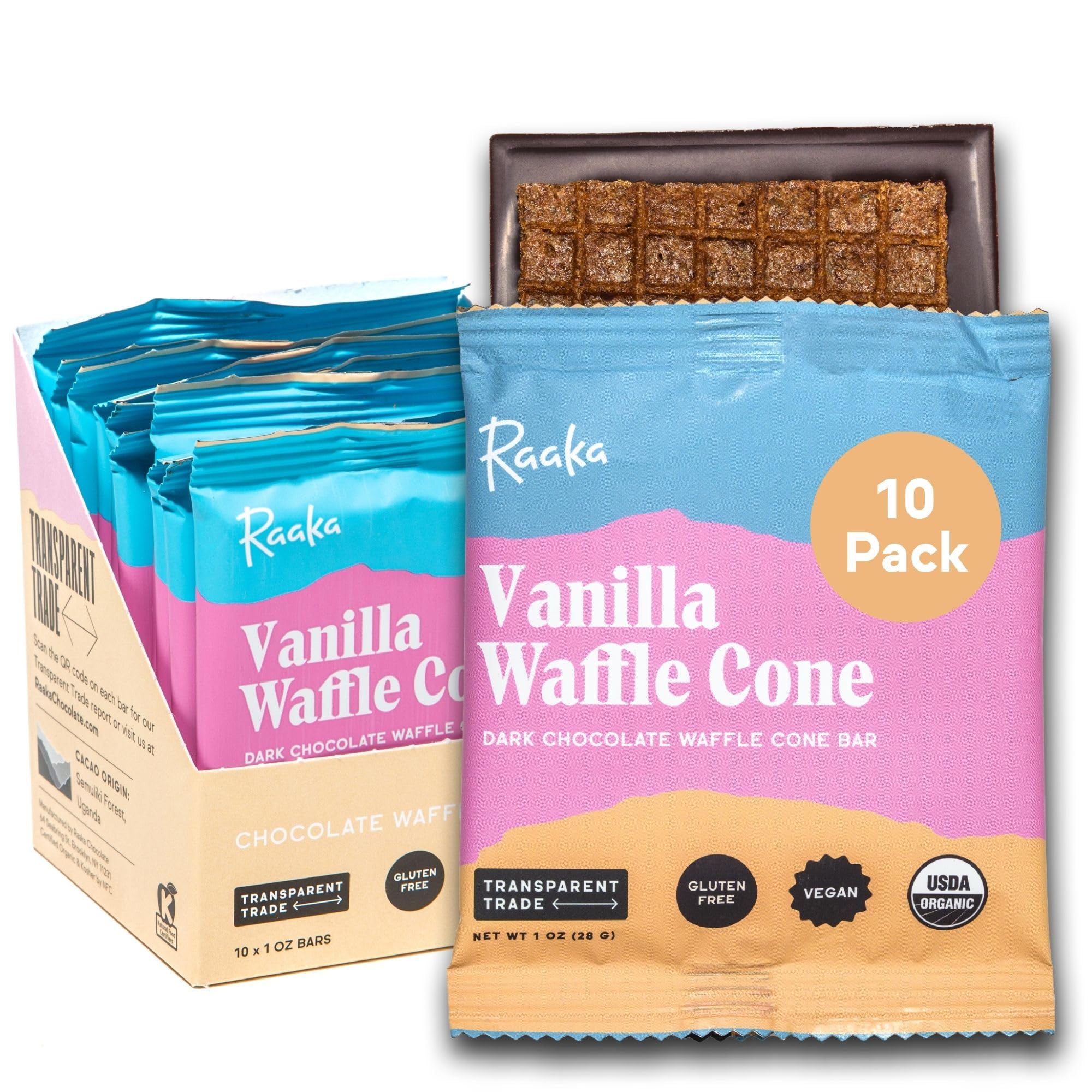 Raaka Chocolate Vanilla Waffle Cone | Waffle Cone Set in Dark Chocolate | Gourmet Bean-to-Bar Dark Chocolate | Organic, Vegan, Fair Trade, Soy Free, Non GMO, Gluten Free, Kosher| 1.0 oz Bars, 10-PackUSDA Organic