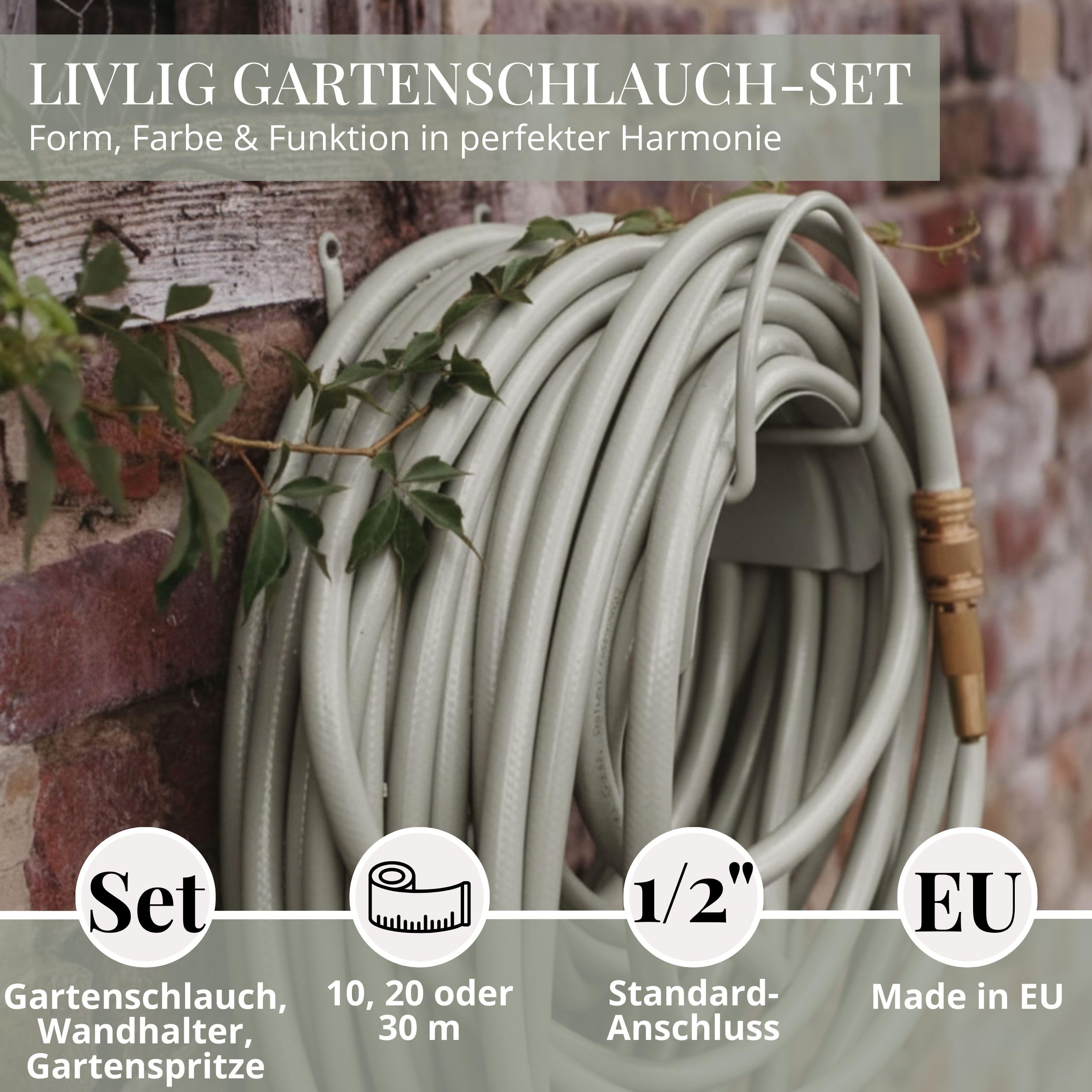 LIVLIG Gartenschlauch Set 20 m– Gartenbewässerungs-Komplettset mit 1/2 Zoll Wasserschlauch, Wandhalterung aus Stahl & Messing-Gartenspritze – Schlauch Set 20m inkl. Kupplungen, Grün