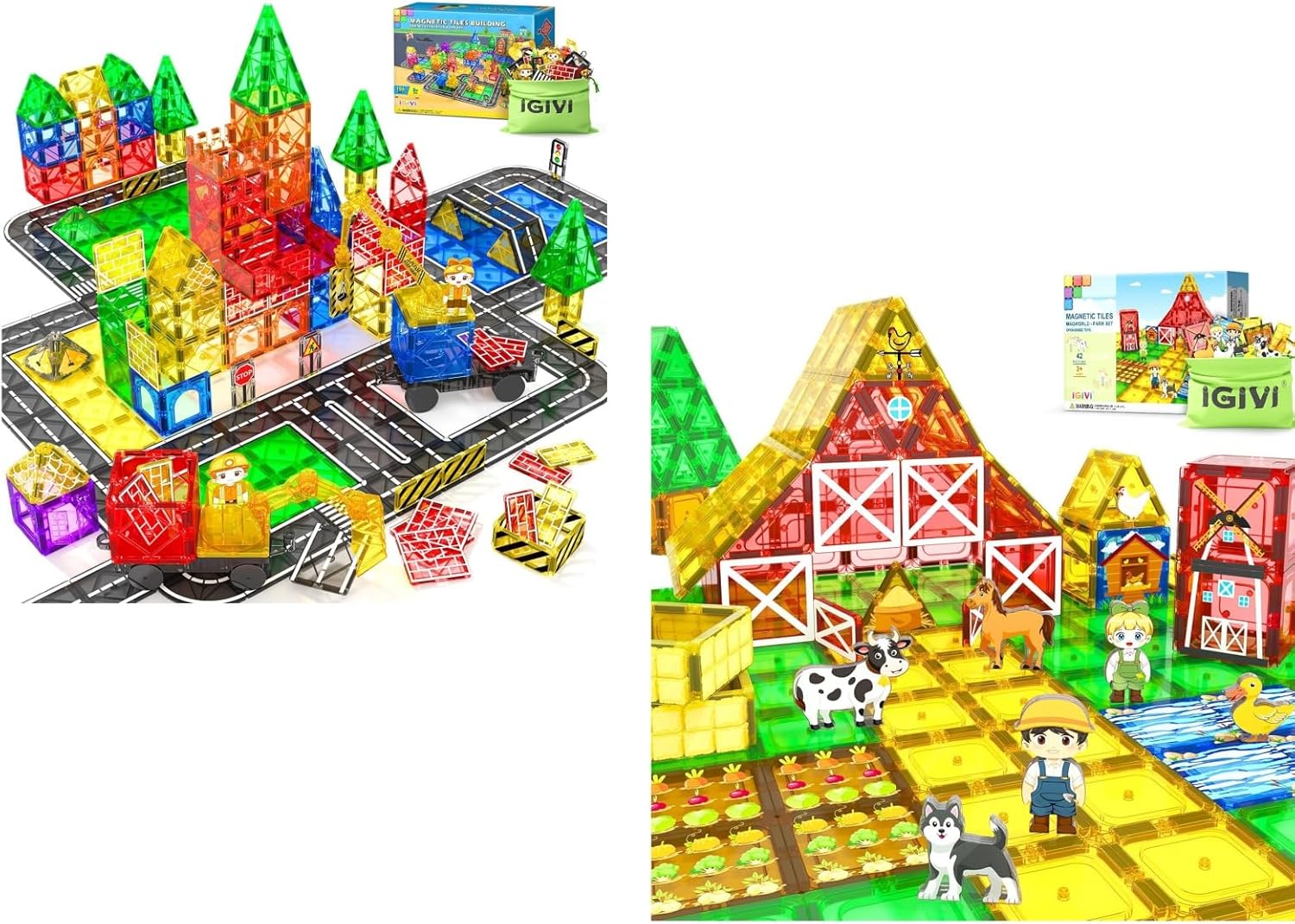 148PCS Magnetic Tiles Road and Magnetic Tiles Farm, STEM Magnet Building Blocks with Excavator & Crane,Preschool Montessori Sensory Toys for Kids Ages 3-12