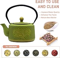 Vista 4 de Cast Iron Teapot with Sunflower Pattern,SECHUDO Tea Kettle Coated with Enameled Interior for Loose Tea,Green Cast Iron Teapot with Stainless Steel