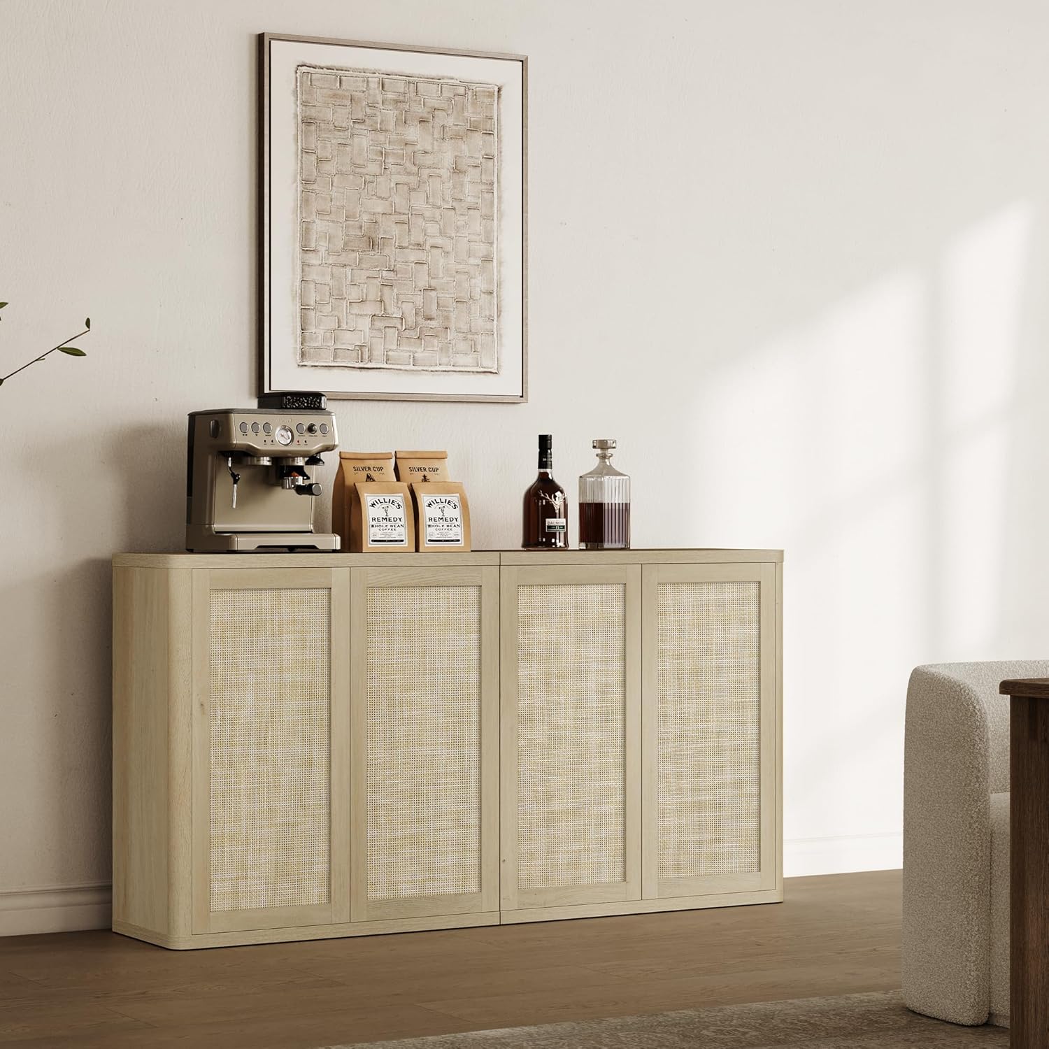 SICOTAS Rattan Buffet Sideboard Storage Cabinet - 64" Modular Boho Farmhouse Credenza Stand with Adjustable Shelves, Large Coffee Bar Console Cabinet for Living Room, Kitchen, Entryway (2 PCS)