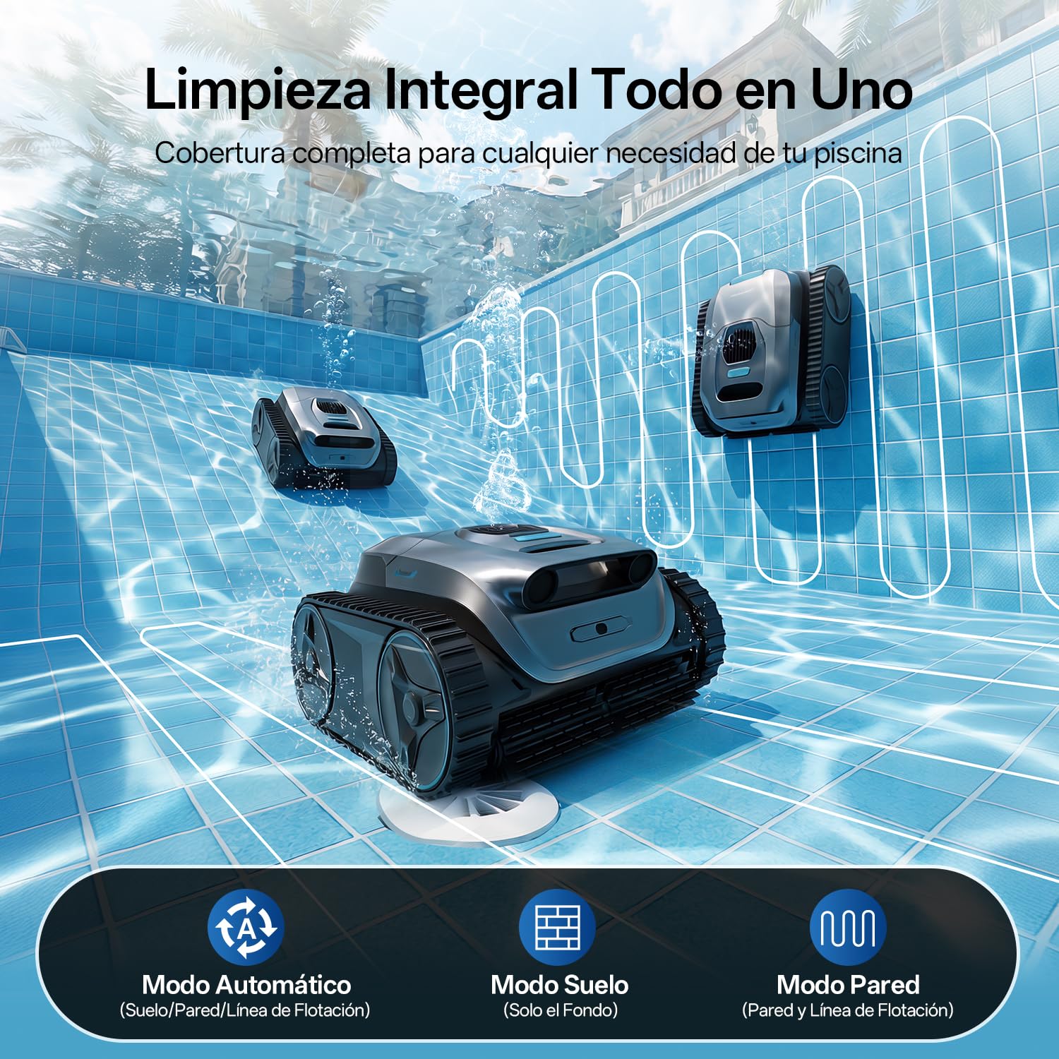 Ultenic Robot Piscina Limpiafondos y Paredes, Línea, Navegación S&N App | Limpieza Fondo/Paredes/Línea, 180min/150㎡, Autoaparcamineto, Filtro 180μm 3.5L, Control App, Automático y Inalámbrico