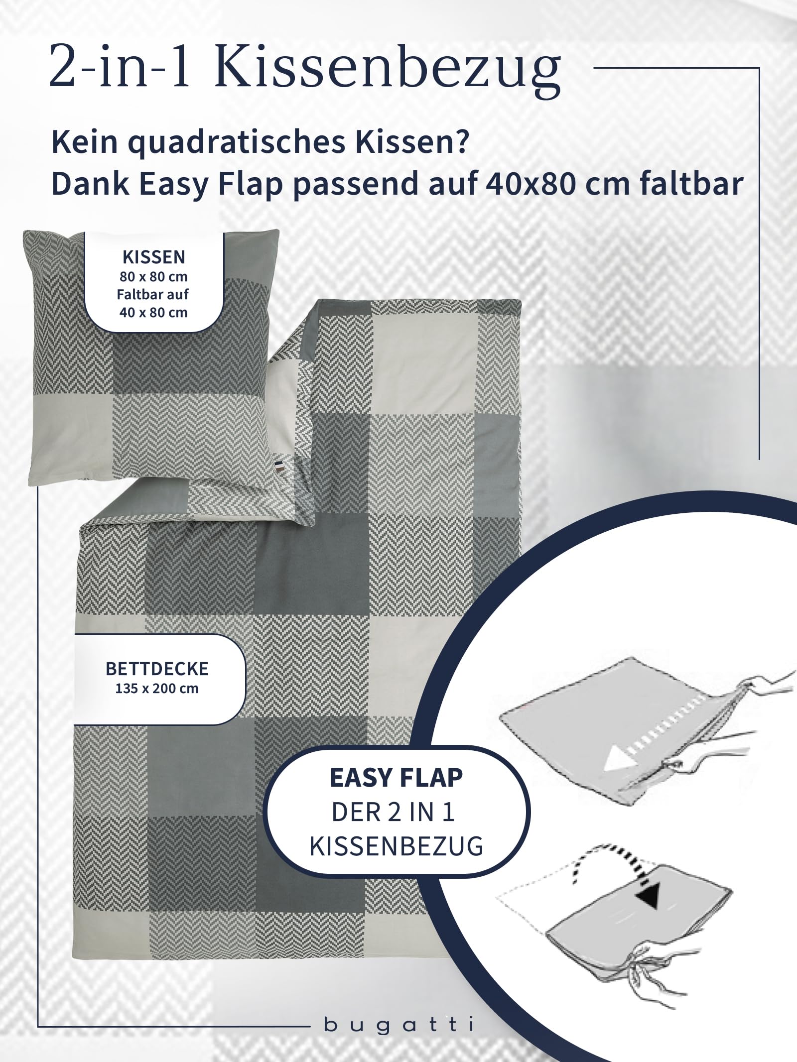 bugatti 2in1 Bettwäsche 135x200 cm - 100% Baumwolle Satin-Flanell Kombibettwäsche, Reißverschluss, anschmiegsam, weich & waschbar, Bettbezug grau Karo