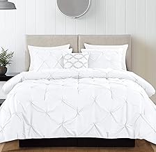 Queen Comforter Set- 4 Pieces Pintuck Bed Set Queen, White Bedding Set with Comforters, Pillow Shams & Throw Pillow, Bedding Set