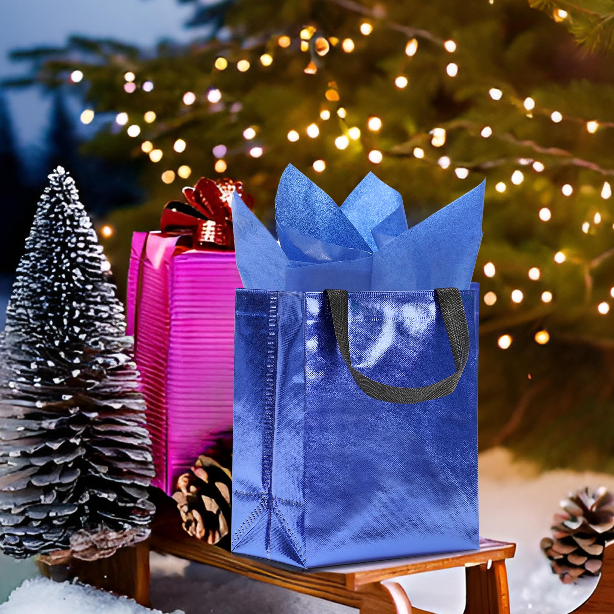 KeerxunBag 12pcs Reusable Gift Bags（Includes Tissue Paper） Gift bag with handle Birthdays Parties Holidays Weddings Medium 10x4x8in blue Gift Bags