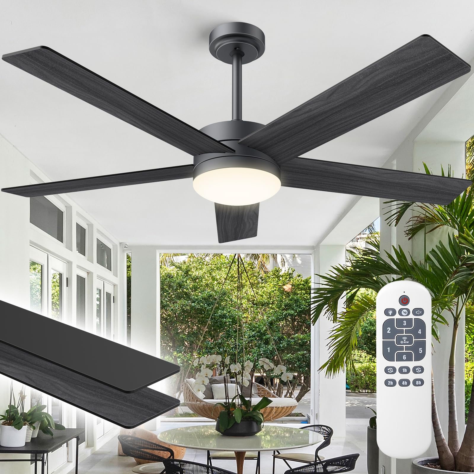 52" Ceiling Fans with Lights, Ceiling Fan Black with Remote Control 52 Inch Ceiling Fan Flush Mount with Dimmable LED for Outdoor/Indoor Bedroom