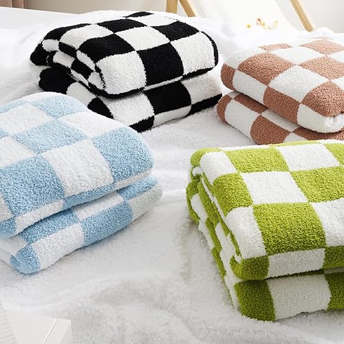 Miniatura 7 de David's Home Manta de punto 100 % chenilla, tamaño individual, ultrasuave, lechosa, acogedora, con patrón clásico de cuadrícula de ajedrez, adecuada