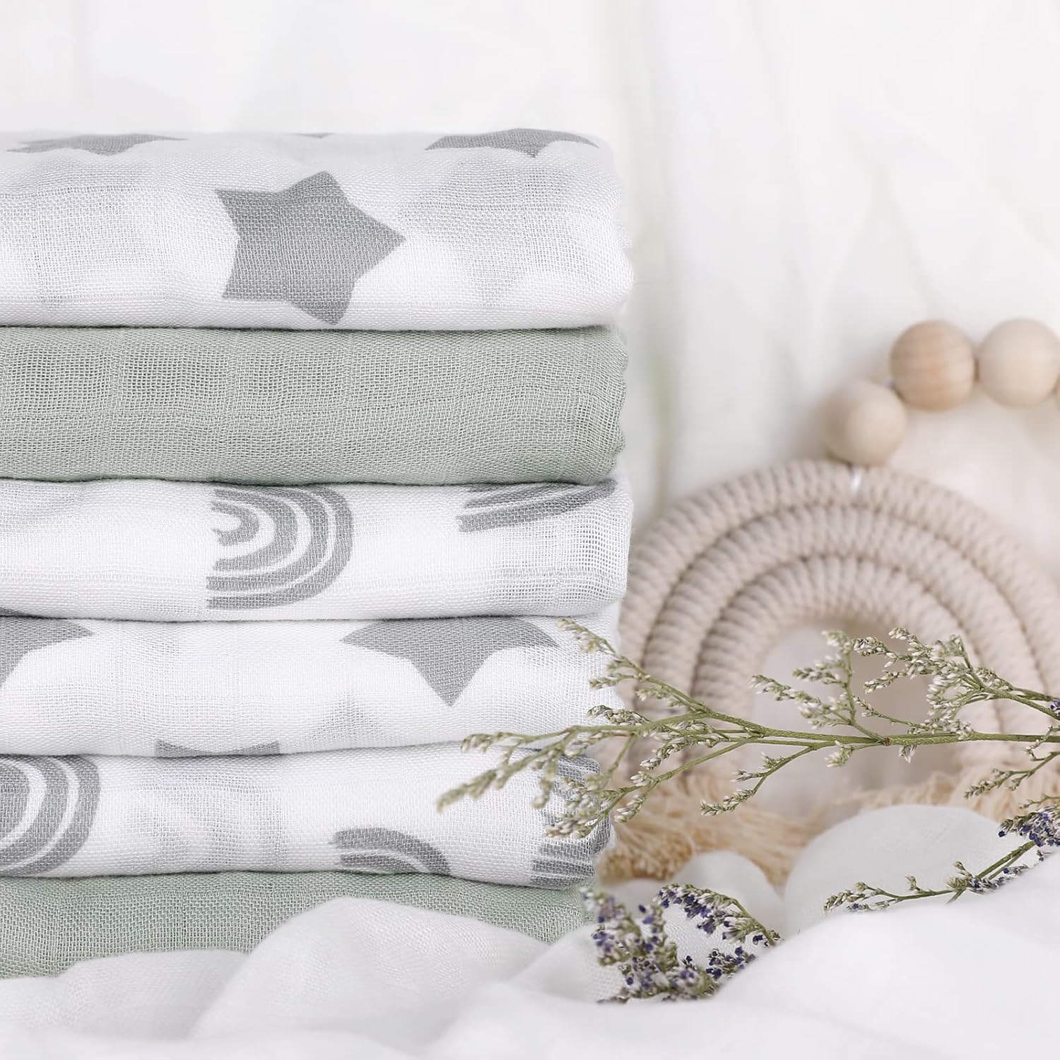 GLLQUEN BABY Receiving Blanket Boy Cotton Muslin Swaddle Blankets Girl Newborn Squares Breathable & Soft Thin Baby Blankets Cloths Double Absorbent Infant Swaddling Wrap - 6 Pack (Star) - Image 8