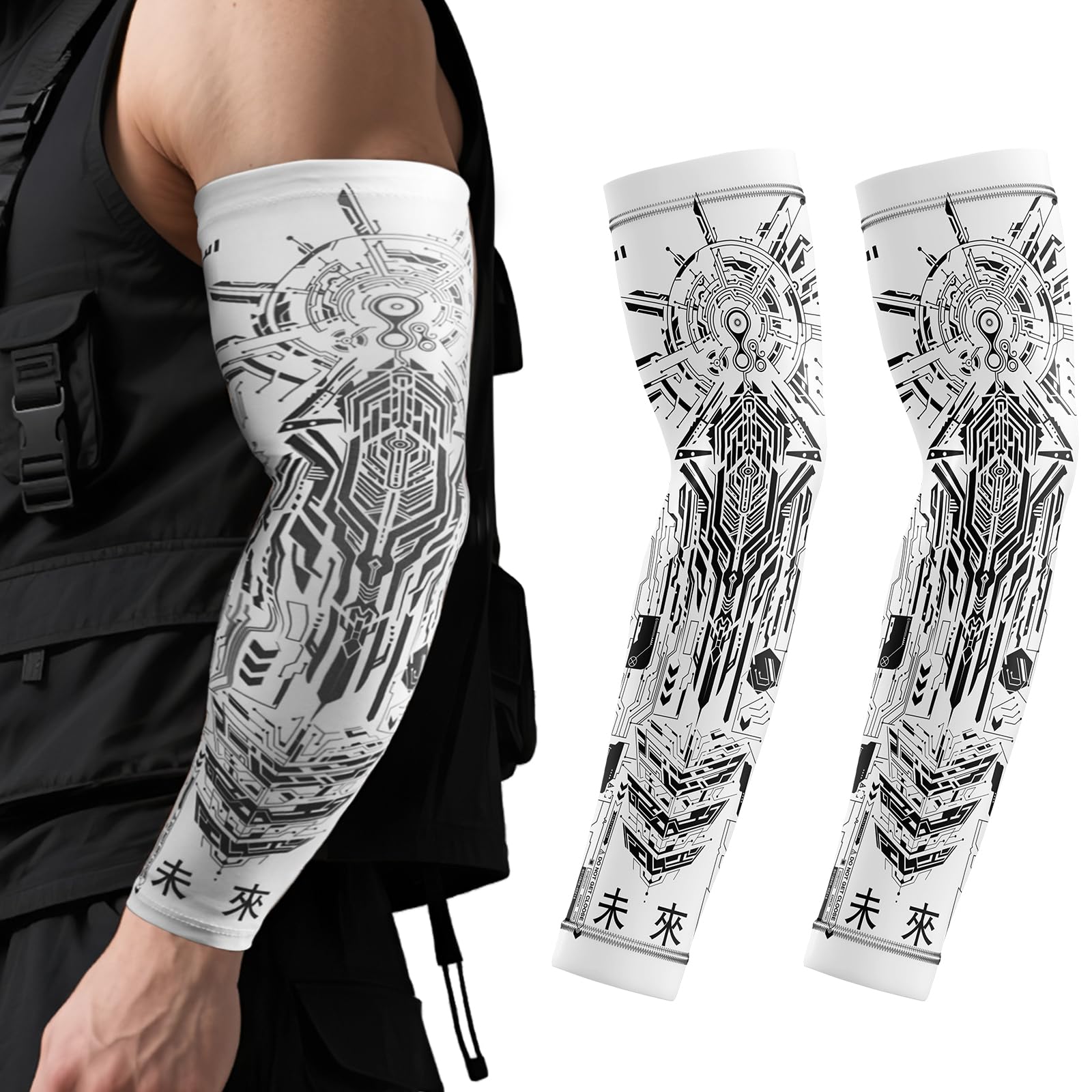 Punk Arm Sleeves for Men, UV Protection Cooling Techwear for Outdoor Activities White