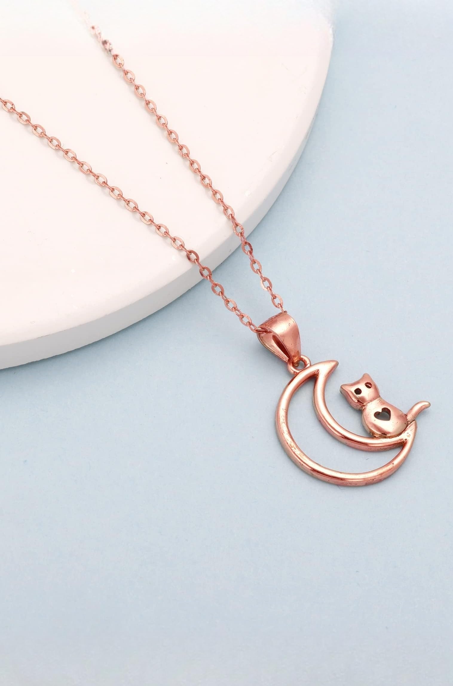925 Silver Rose Gold Cat In Crescent Moon Pendant with Link Chain | Gifts for Girlfriend,Pendant to Gift Women & Girls | With Certificate of Authenticity and 925 Stamp | 6 Month Warranty*