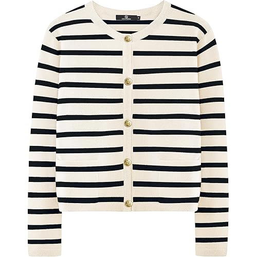 LILLUSORY Women's Crew Neck Gold Buttons Cardigan Sweaters Lady Jacket with Patch Pockets