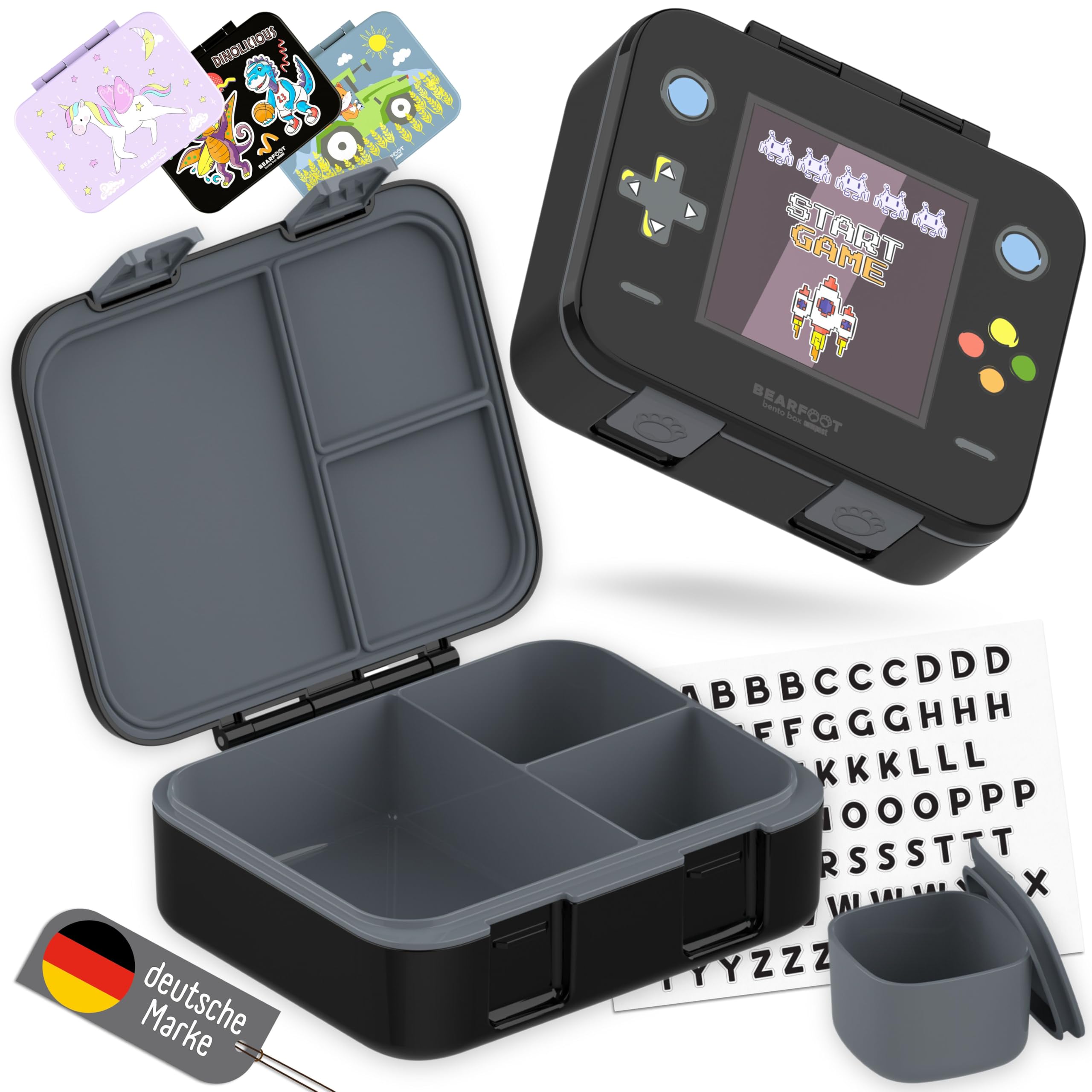 BEARFOOT Bento Box COMPACT | BPA-freie Kinder Brotdose für Schule & Kindergarten | Auslaufsichere Lunchbox für Mädchen & Jungen | Praktisch, leicht & kompakt (Game-schwarz, 1.000ml)