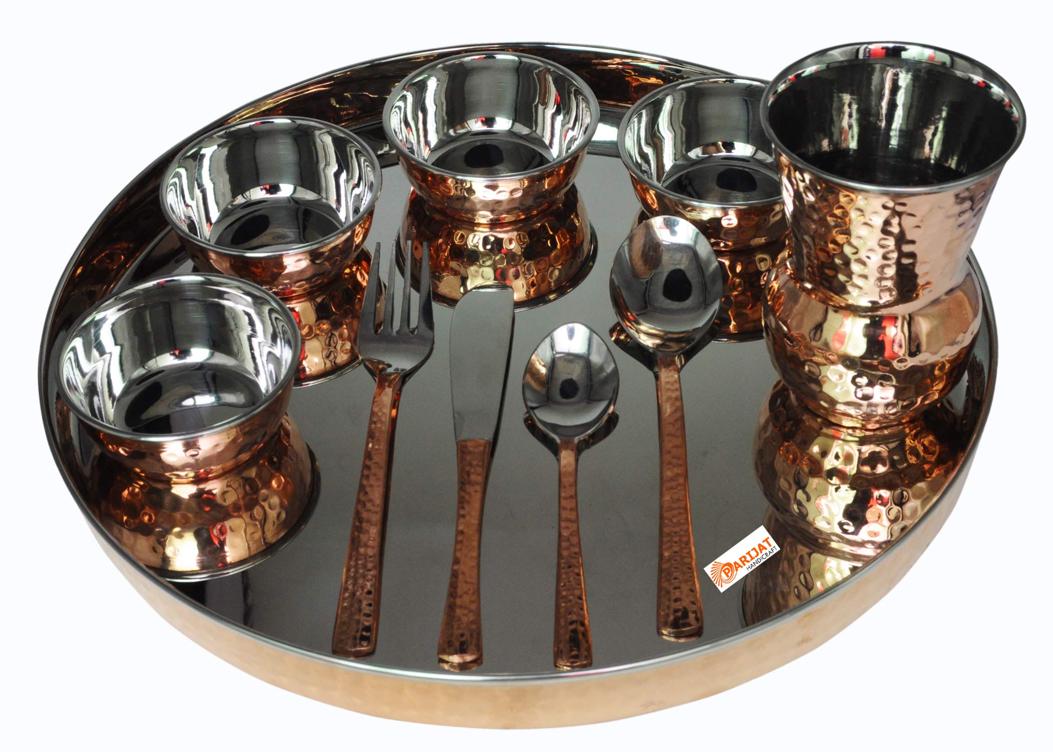 PARIJAT HANDICRAFTIndian dinnerware steel copper traditional dinner set of thali plate, bowls, glass and spoon beautifully tableware Dinner Set and gifted item.