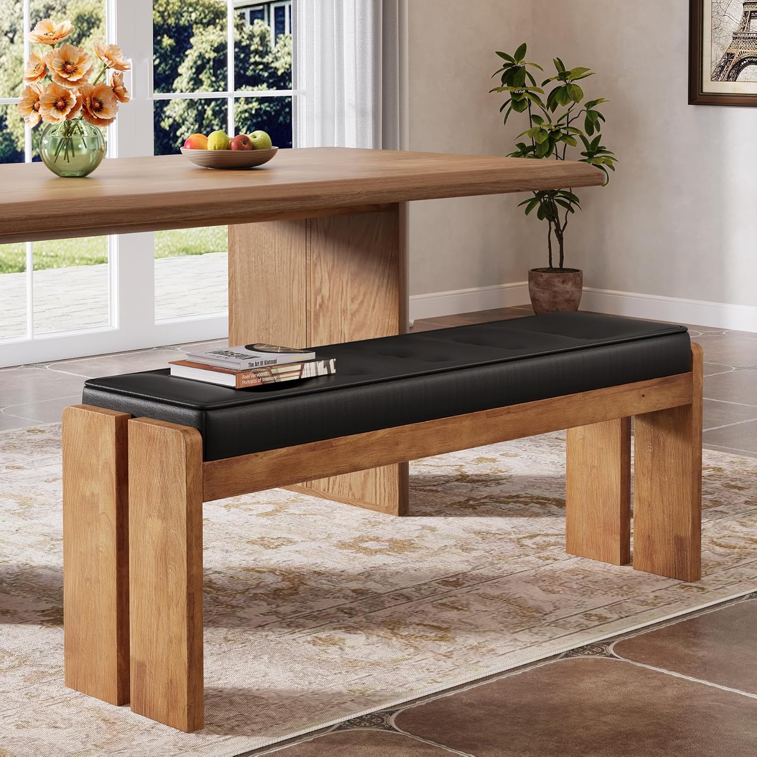 47-Inch Solid Wood Dining Bench, Modern Kitchen Table Bench with Button-Tufted Leather Pad and Wooden Legs, for Living Room, Dining Room, Hallway, Black & Brown