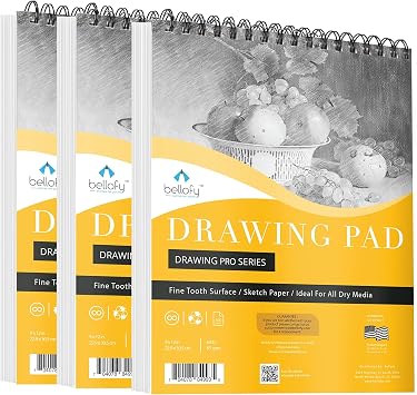 Bellofy 3 x Drawing Paper Pads 9 x 12 | 300 Sheets | 60lbs 85g | Acid Free Sketchbook Paper for Dry Media | Top Spiral Bound Sketchpad for Kids, Beginners, Artists & Professionals