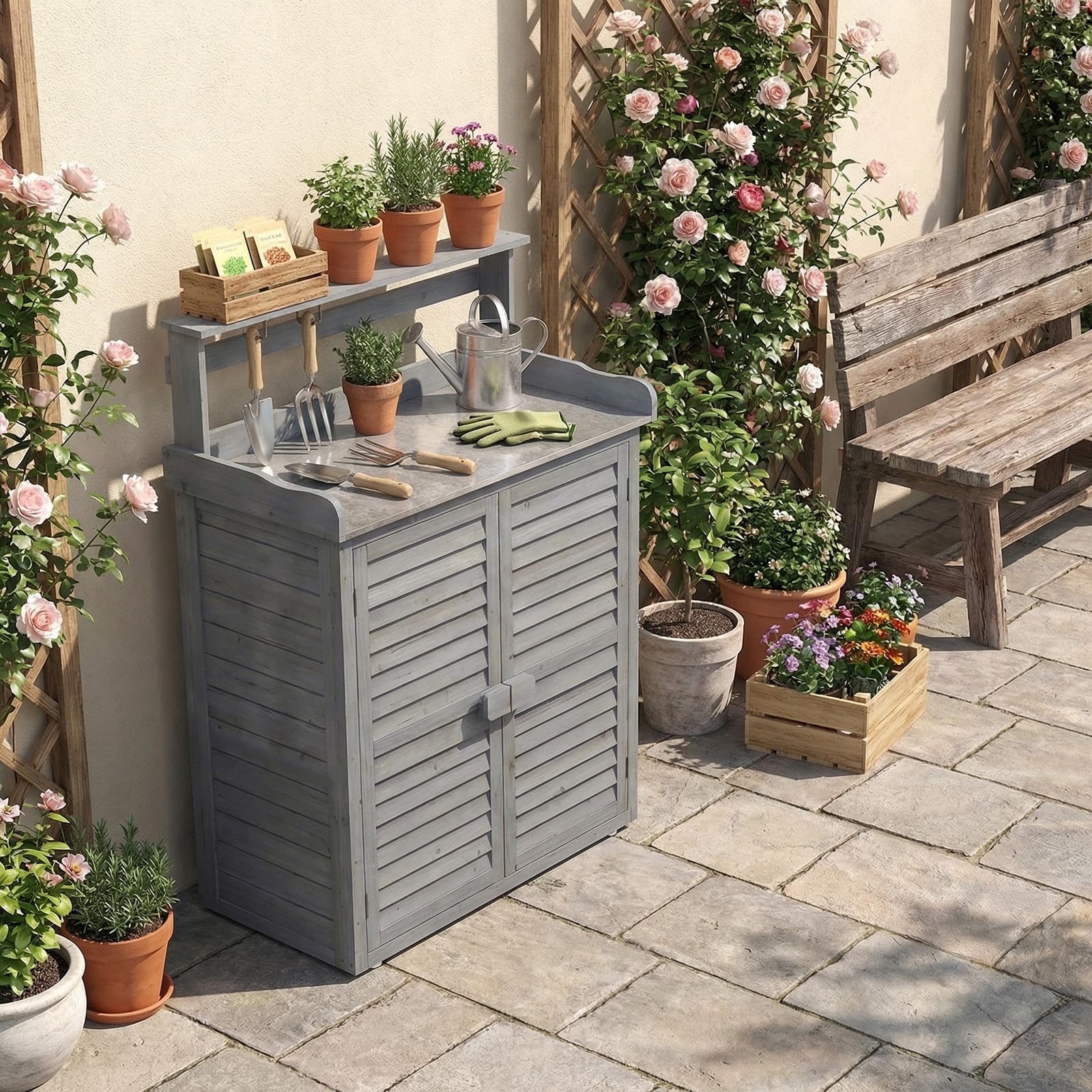 HOMASIS Pflanztisch aus Holz, Gartentisch mit Schrank & Arbeitsplatte, Arbeitstisch mit abnehmbarem Regal & 3 Haken, Blumentisch Outdoor wetterfest, für Terrasse Garten Balkon, 87x45x120cm (Grau)