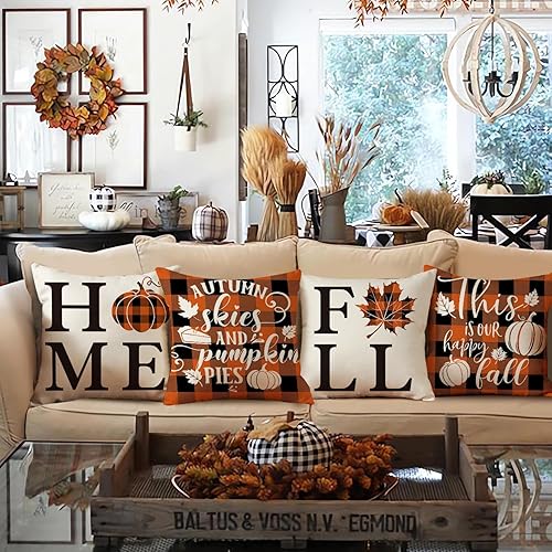Miniatura 2 de NIGHTWISH Juego de 4 fundas de almohada decorativas de otoño de 18 x 18 pulgadas, decoraciones de Acción de Gracias, a cuadros de búfalo naranja,