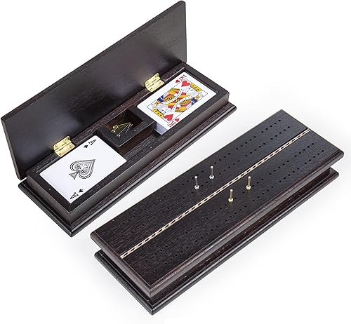 Miniatura 6 de STERLING Juego de mesa de madera de 2 pistas con clavijas de metal y cartas incluidas, tablero de cuna con acabado de nogal con almacenamiento de