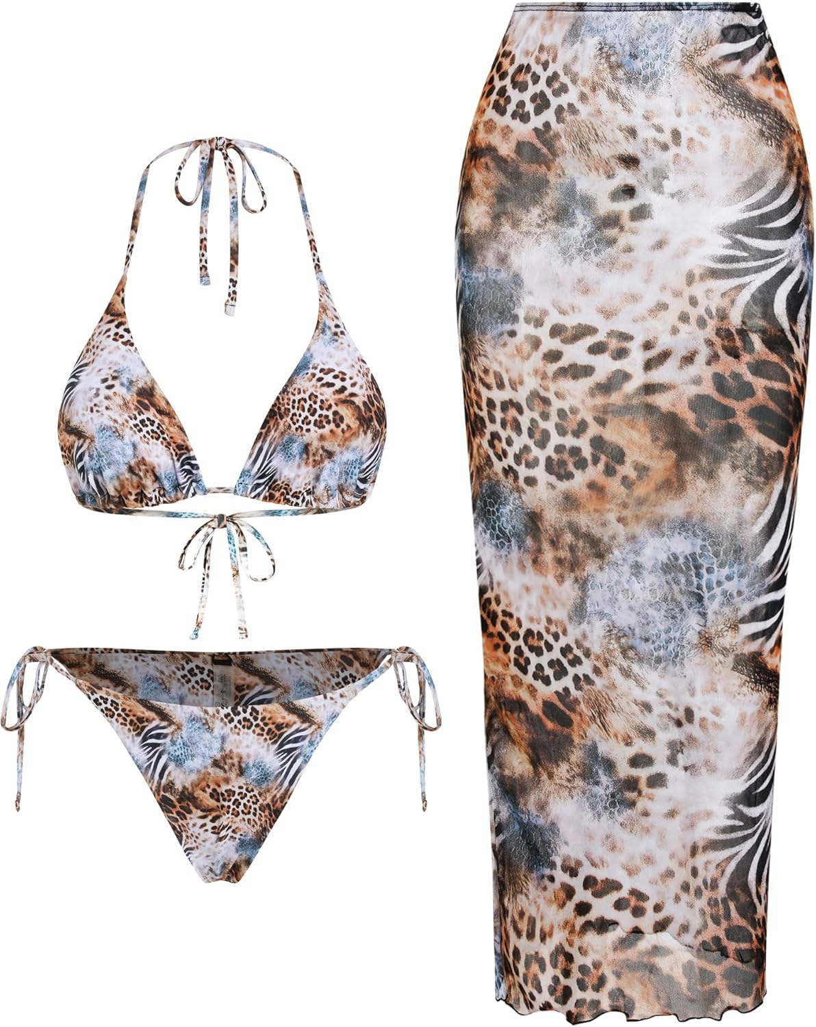 ZAFUL Womens 3pcs Swimsuit Floral Halter Triangle Bikini Top Tie Side Bottom with Long Sheer Cover Up Skirt