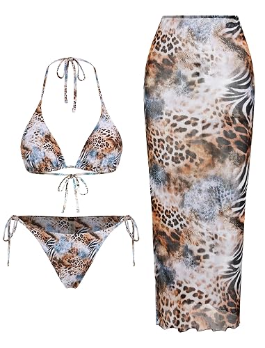 ZAFUL Womens 3pcs Swimsuit Floral Halter Triangle Bikini Top Tie Side Bottom with Long Sheer Cover Up Skirt - 14-brown Leopard - Medium