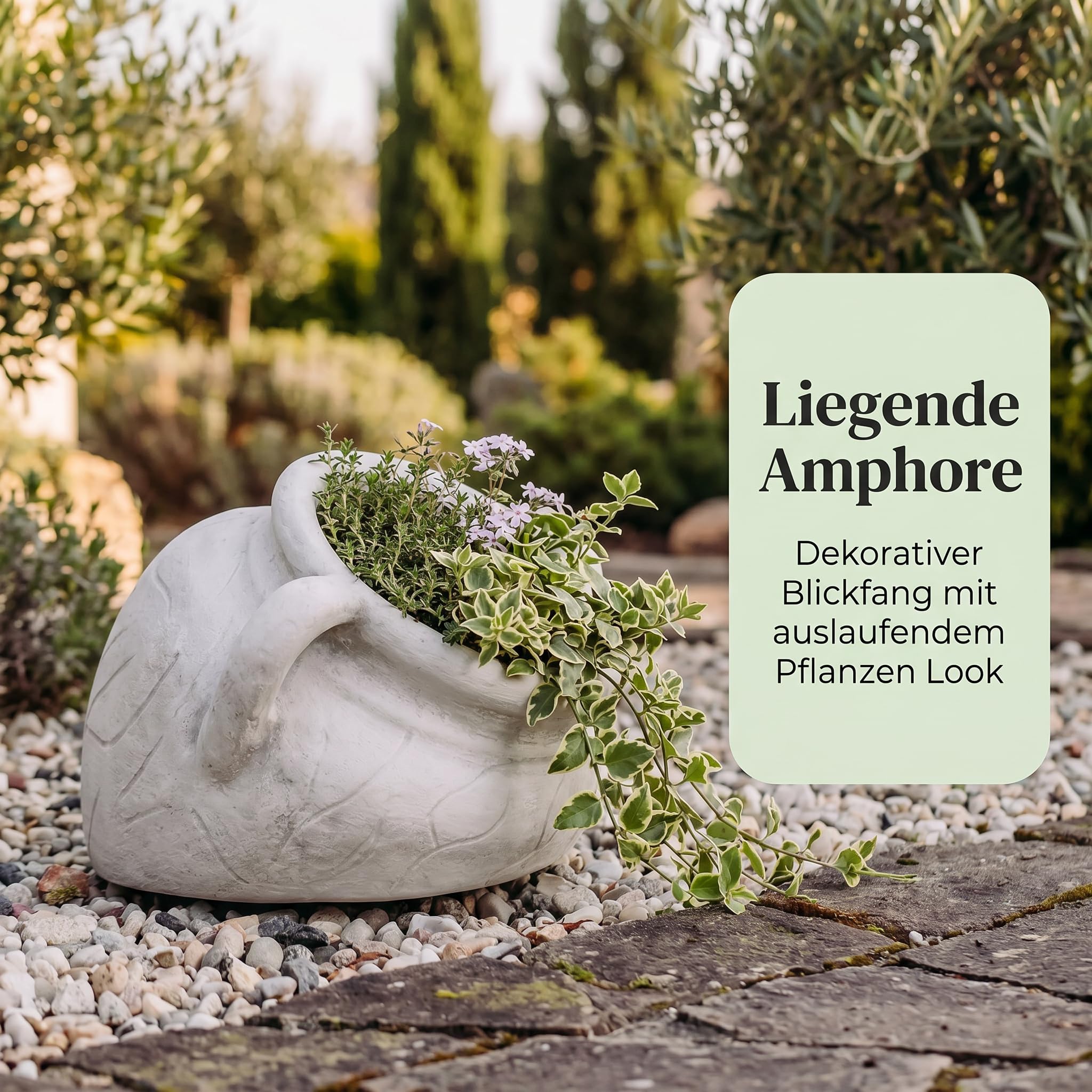 gartendekoparadies.de liegende Amphore, Blumentopf aus Steinguss, H 28 cm, Öffnung Ø 20 cm, Volumen ca. 6,5 l, 17 kg, frostbeständig bis -30 °C, Grau, Pflanzgefäß als Gartendeko