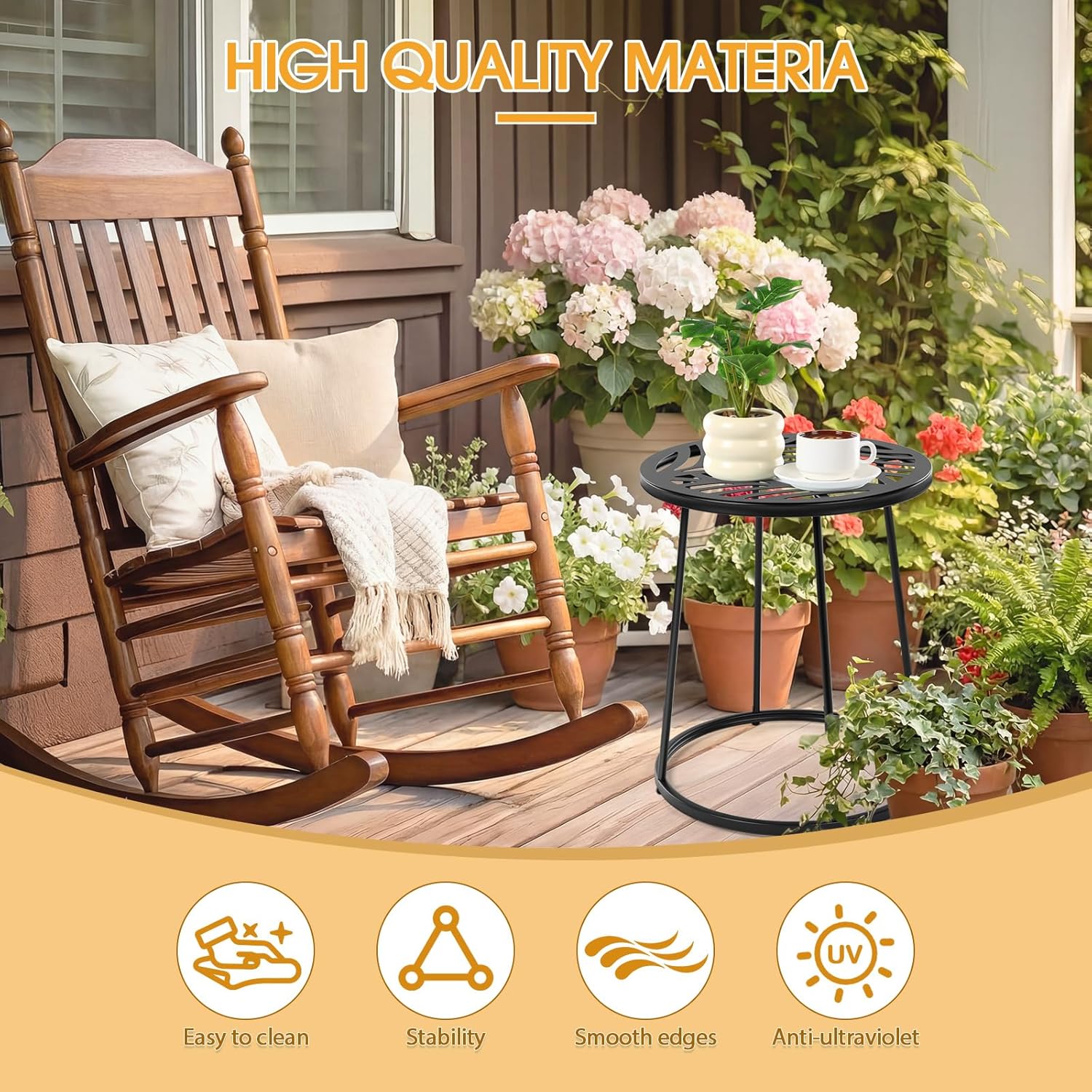 Vercraft Small Outdoor Side Table, 14" Patio Side Tables with Flower Cut Outs Weather Resistant Metal Outdoor End Table for Patio Outside Porch Balconies Garden(Black,Hollow Leaf)