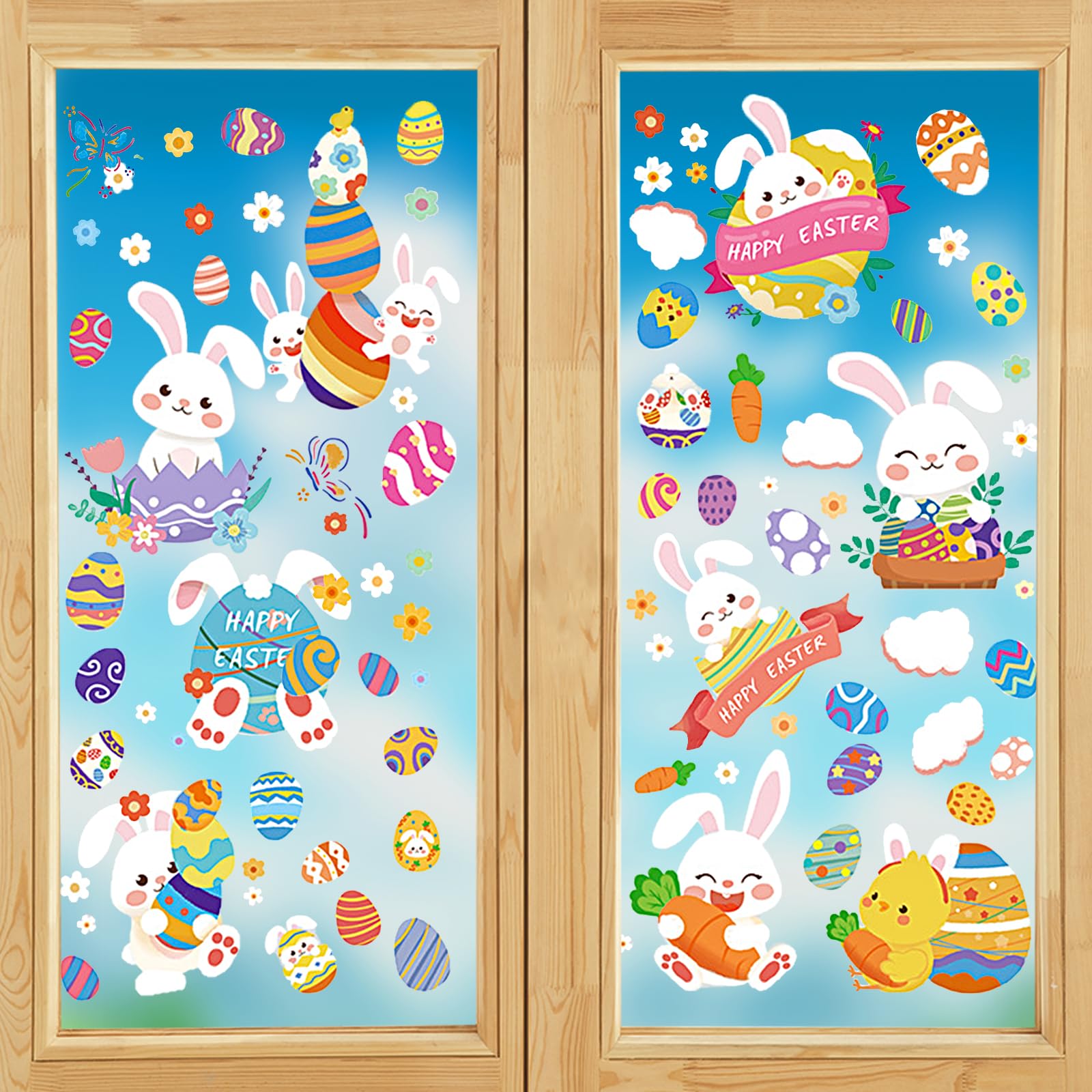 CHIHOLEN Easter Window Stickers,9 Sheets Easter Window Decoration,Double Sides Easter Window Stickers with Eggs Bunny Rabbit for Windows Easter Party Decor(A)